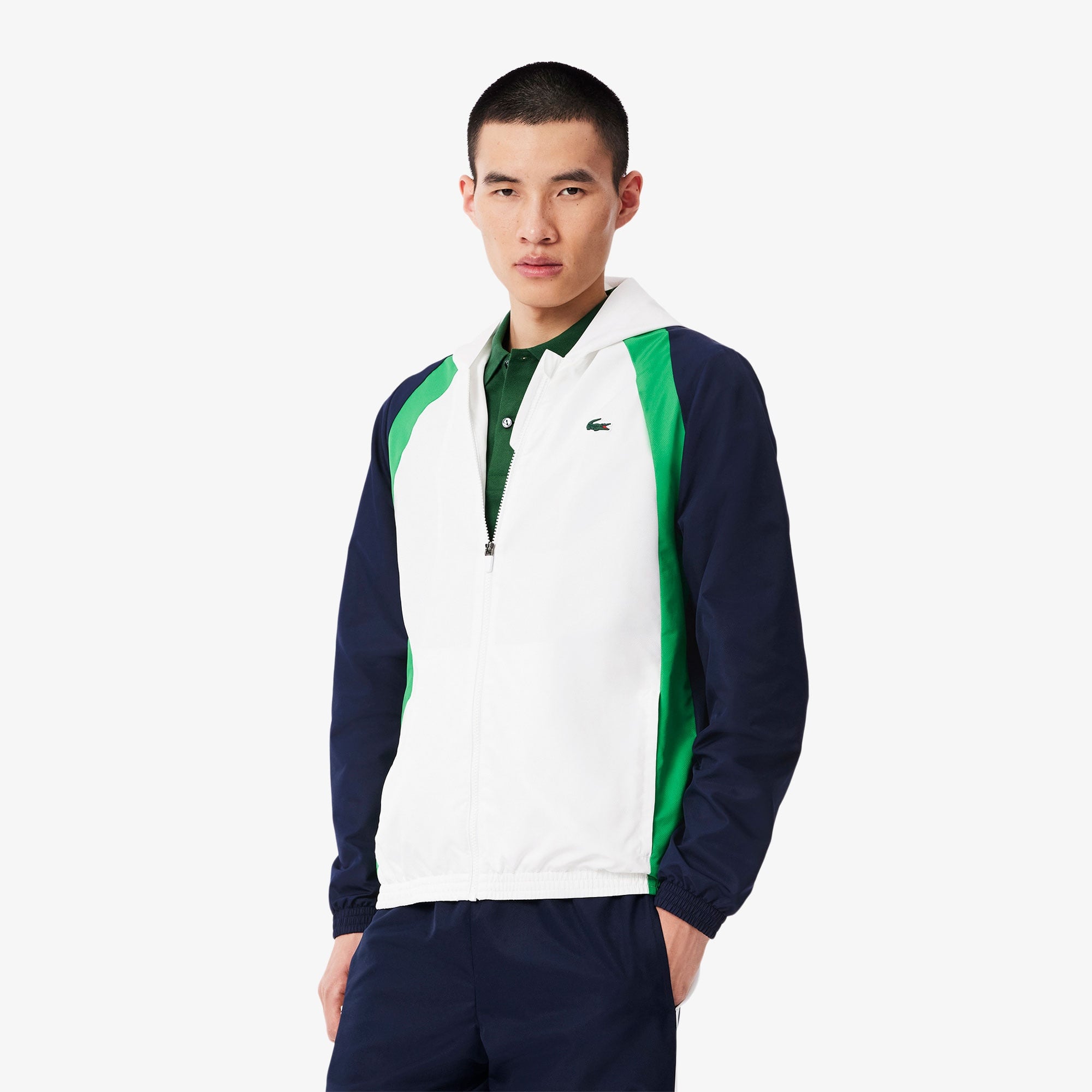 Erkek Regular Fit Kapüşonlu Renk Bloklu Beyaz Eşofman Takımı