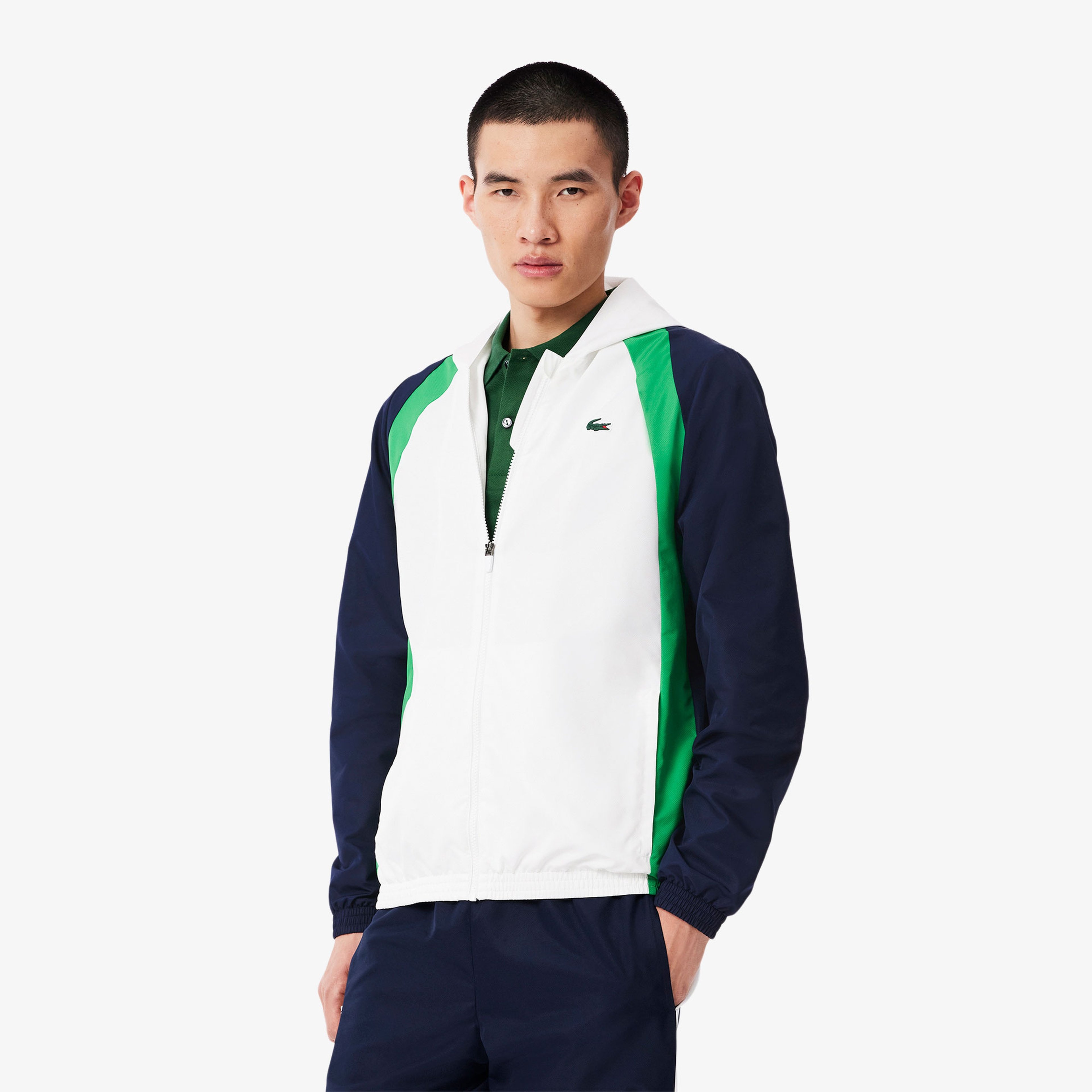 Erkek Regular Fit Kapüşonlu Renk Bloklu Beyaz Eşofman Takımı