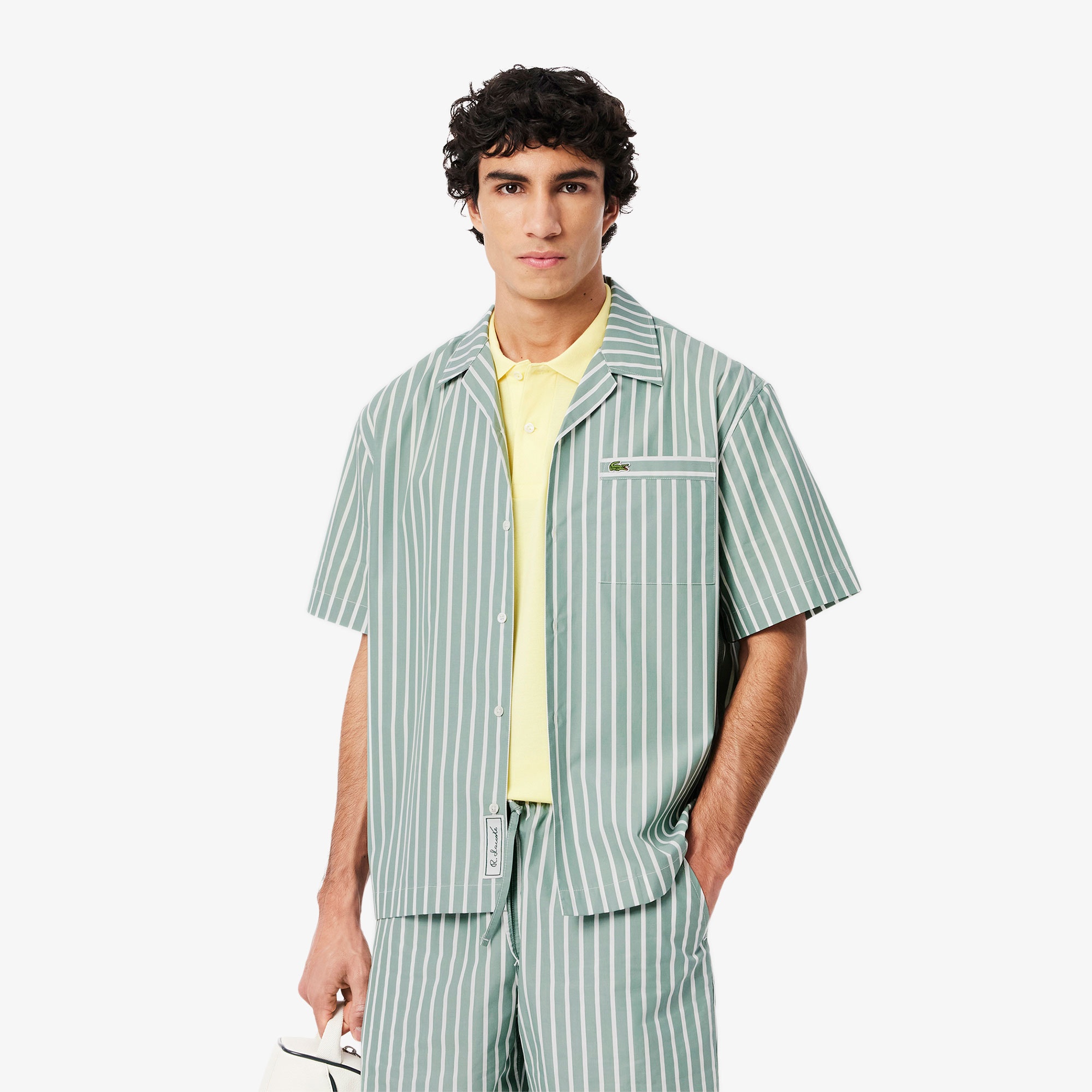 Lacoste Erkek Relaxed Fit Kısa Kollu Çizgili Yeşil Gömlek