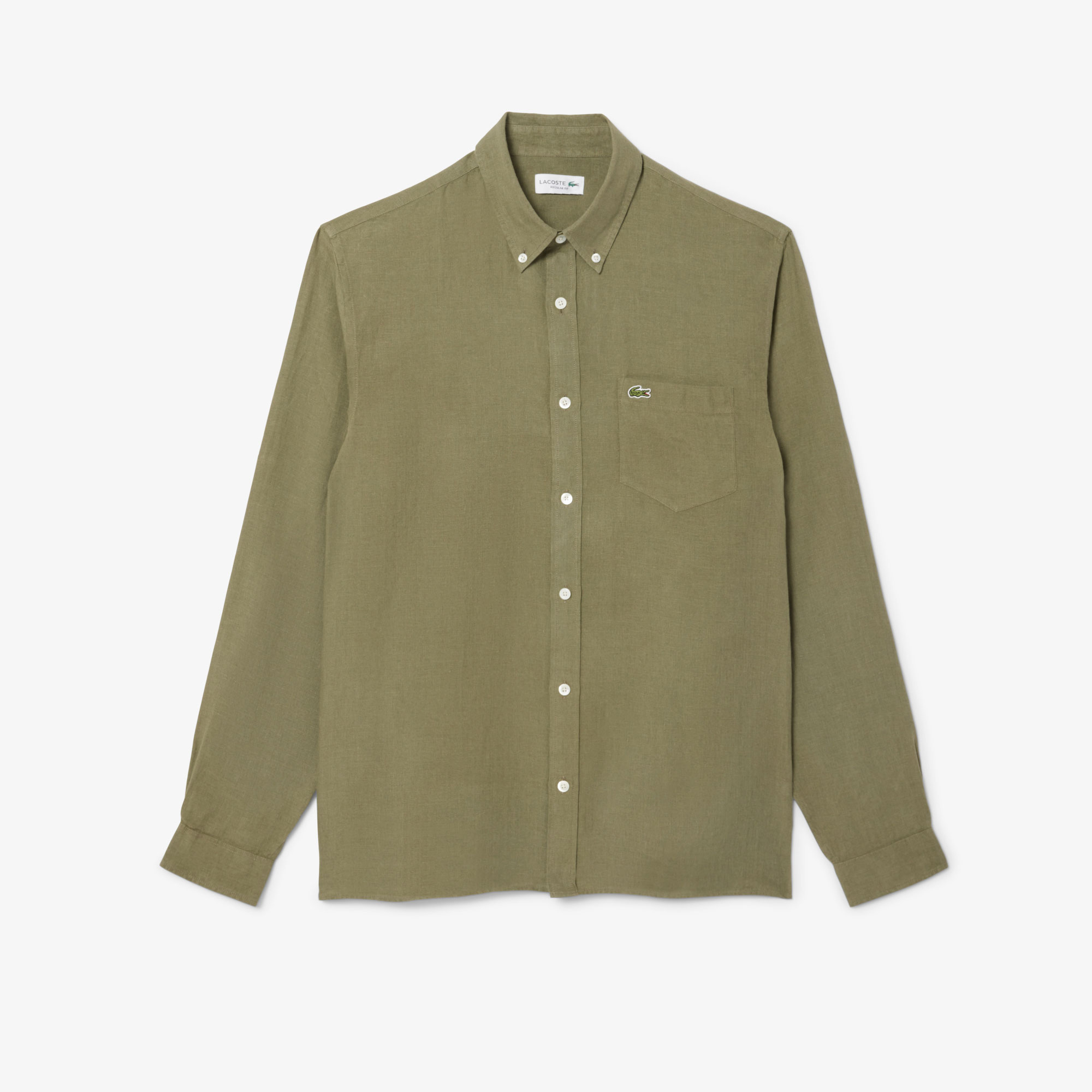 Lacoste Erkek Regular Fit Düğmeli Yaka Keten Haki Gömlek görsel 4