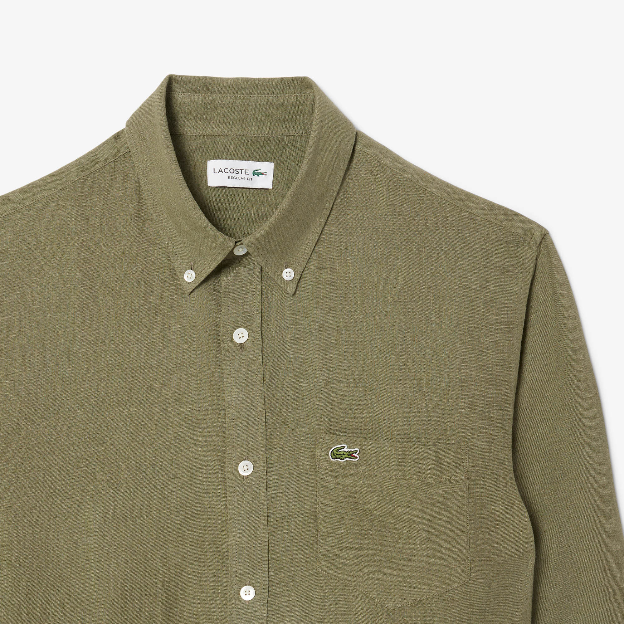 Lacoste Erkek Regular Fit Düğmeli Yaka Keten Haki Gömlek görsel 6