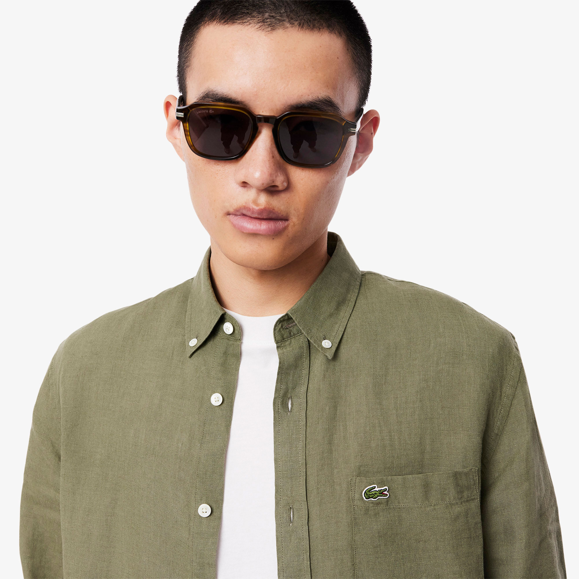 Lacoste Erkek Regular Fit Düğmeli Yaka Keten Haki Gömlek görsel 2
