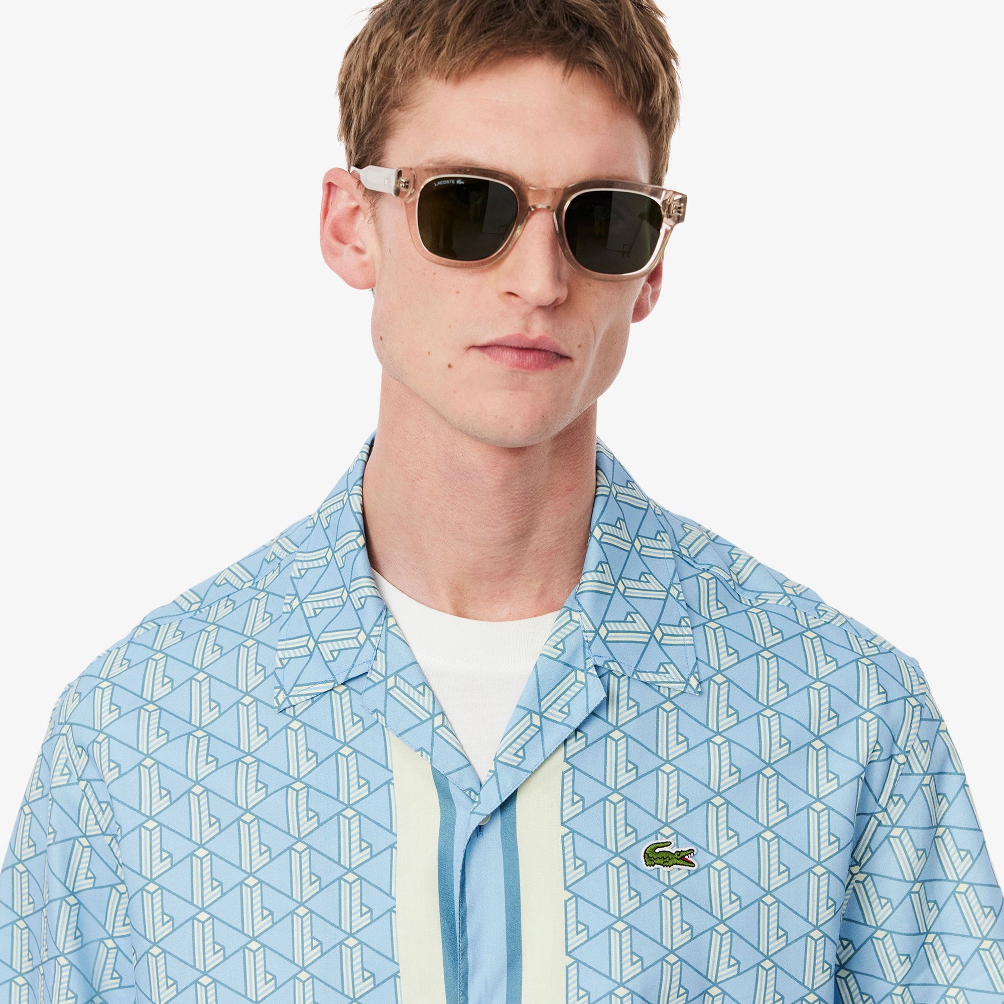 Lacoste Erkek Relaxed Fit Kısa Kollu Monogram Mavi Gömlek