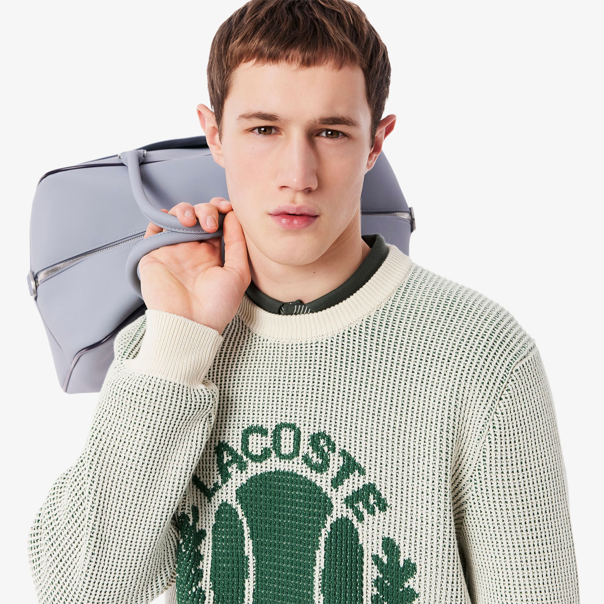 Lacoste Erkek Classic Fit Bisiklet Yaka Desenli Krem Kazak