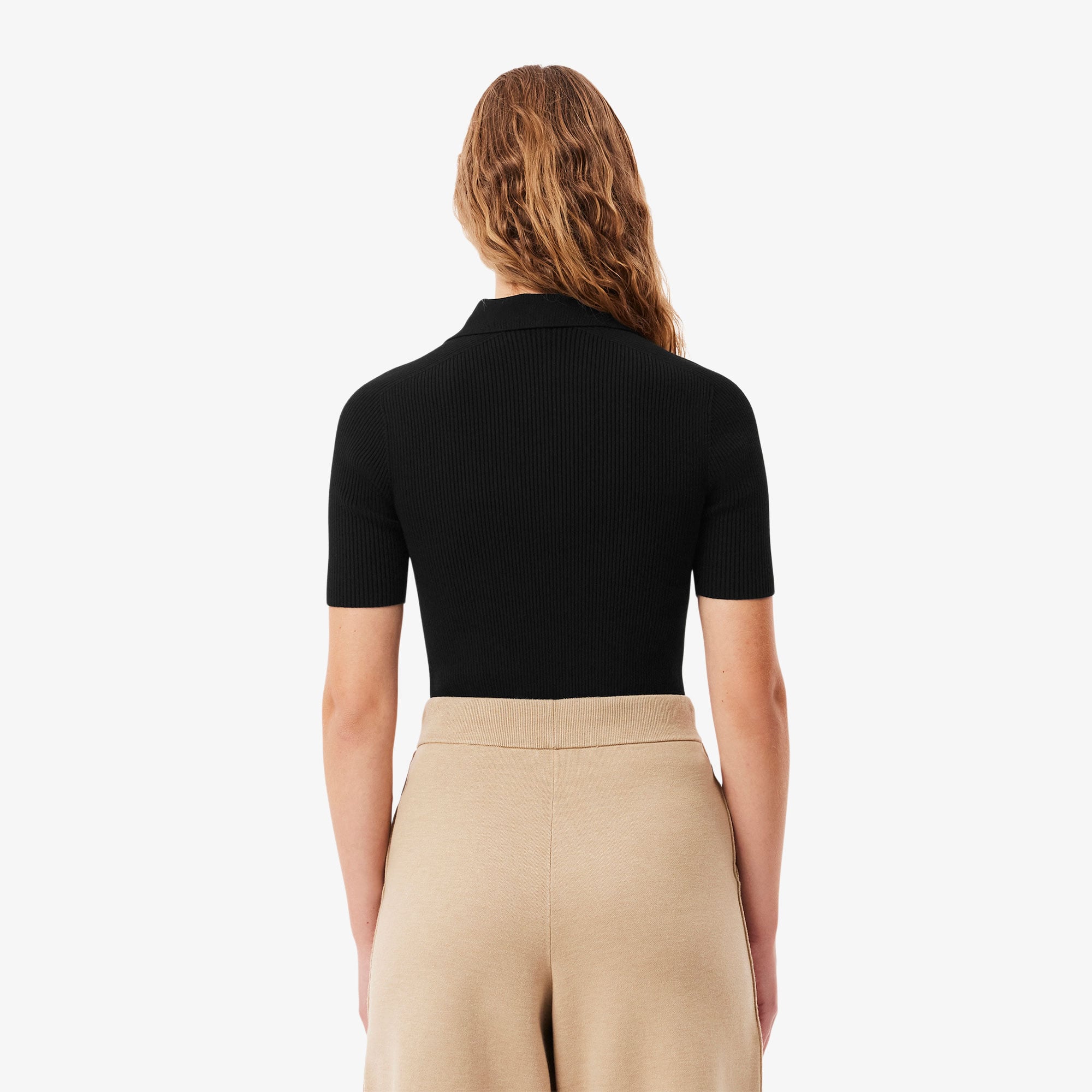 Lacoste Kadın Slim Fit Kısa Kollu Yarım Fermuarlı Siyah Triko görsel 3