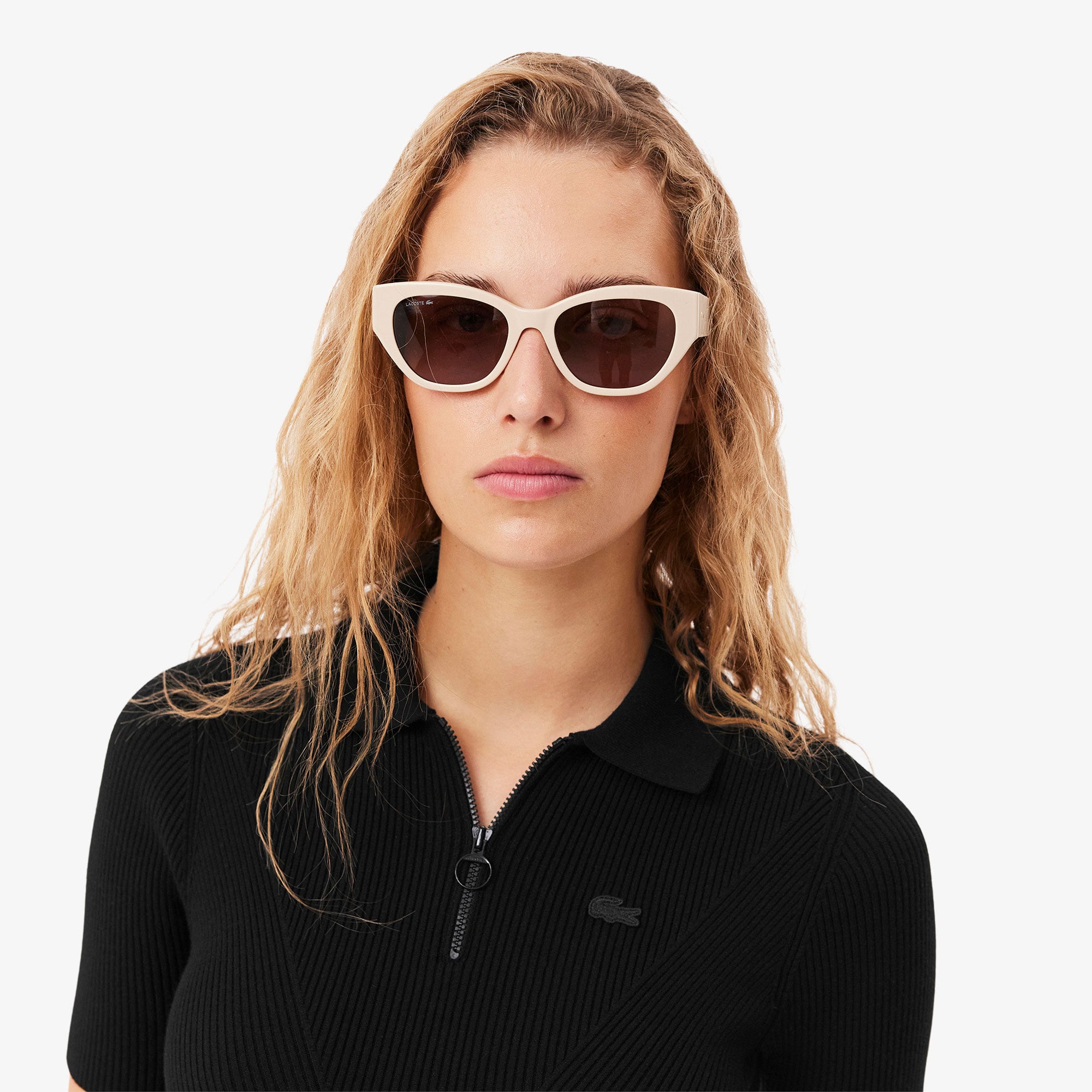Lacoste Kadın Slim Fit Kısa Kollu Yarım Fermuarlı Siyah Triko görsel 2
