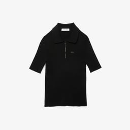 Kadın Slim Fit Kısa Kollu Yarım Fermuarlı Siyah Triko Siyah