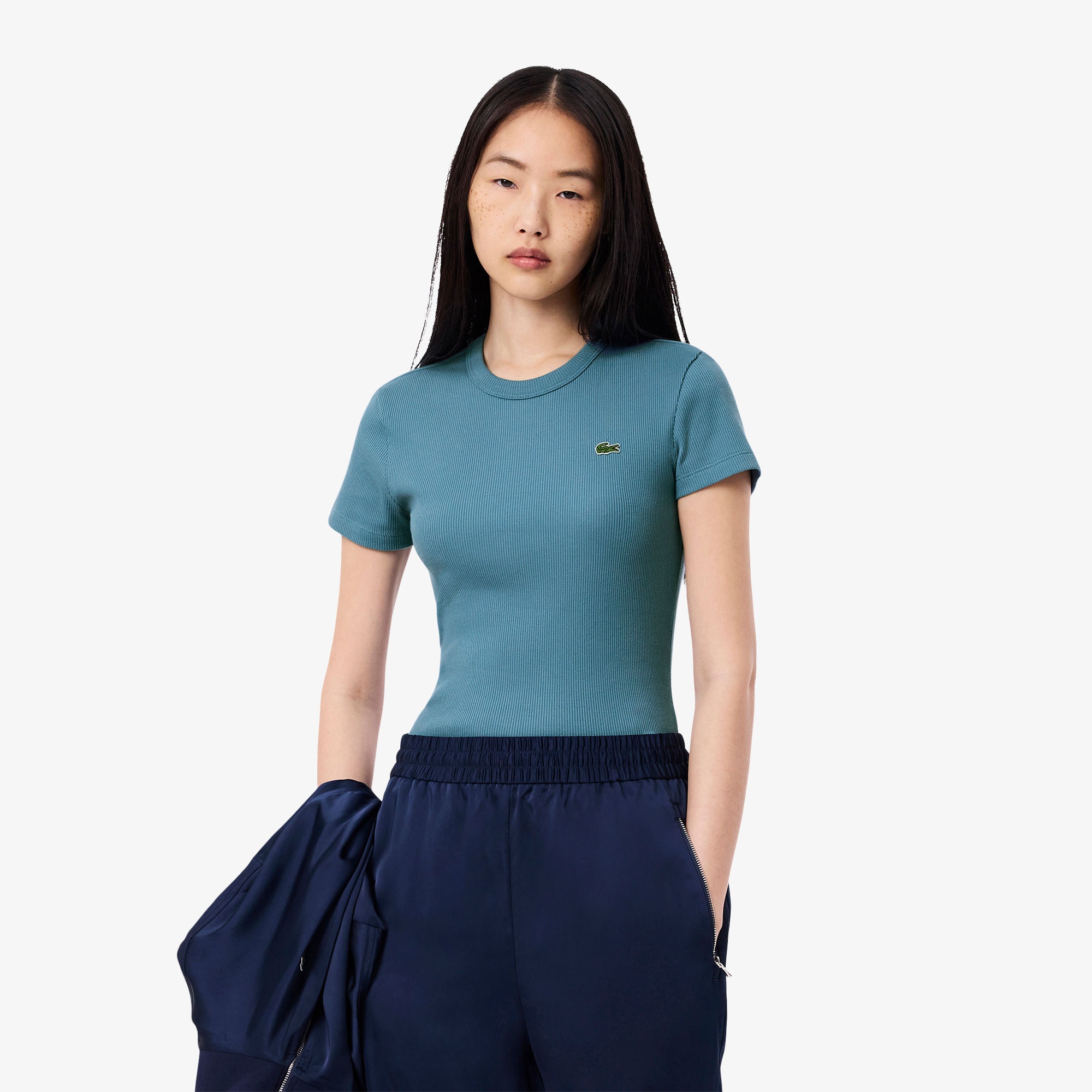 Lacoste Kadın Slim Fit Bisiklet Yaka Mavi T-Shirt