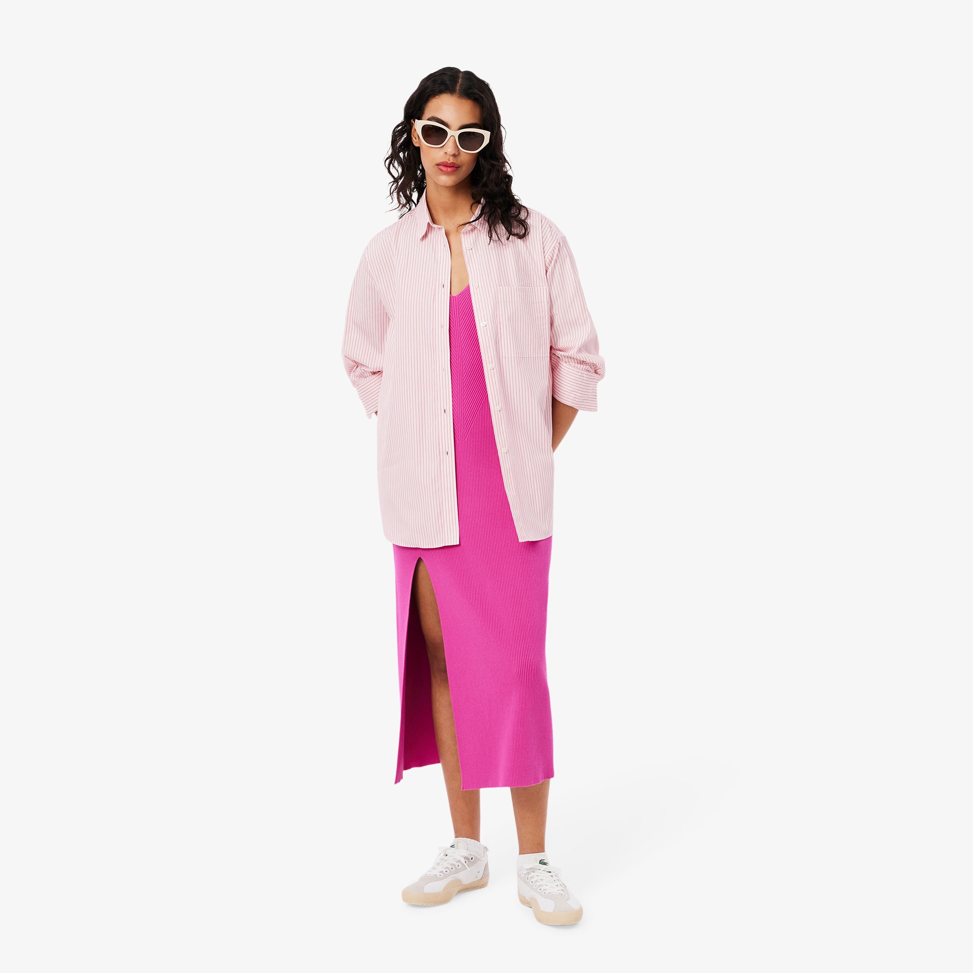 Lacoste Kadın Oversize Fit Çizgili Pembe Gömlek