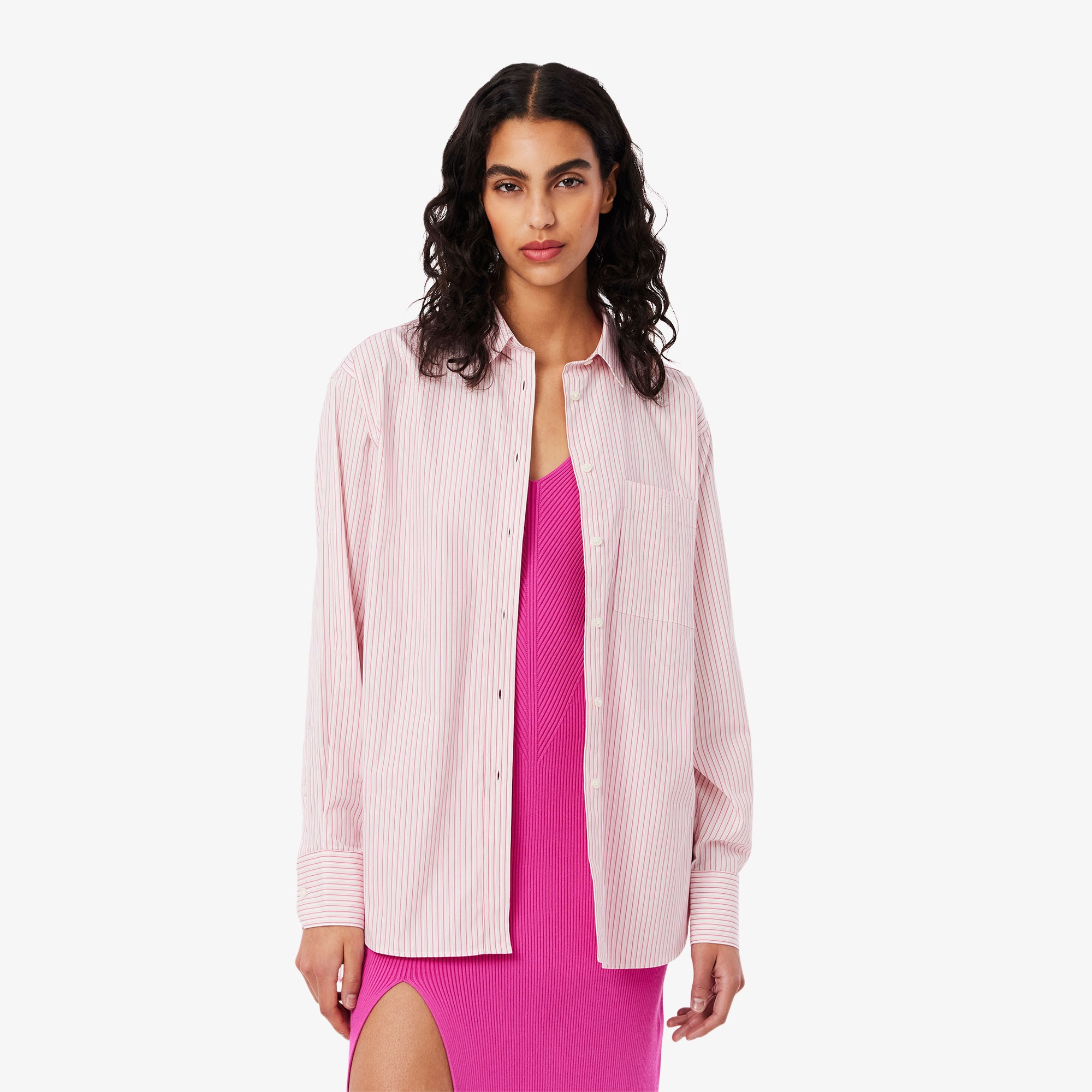 Lacoste Kadın Oversize Fit Çizgili Pembe Gömlek