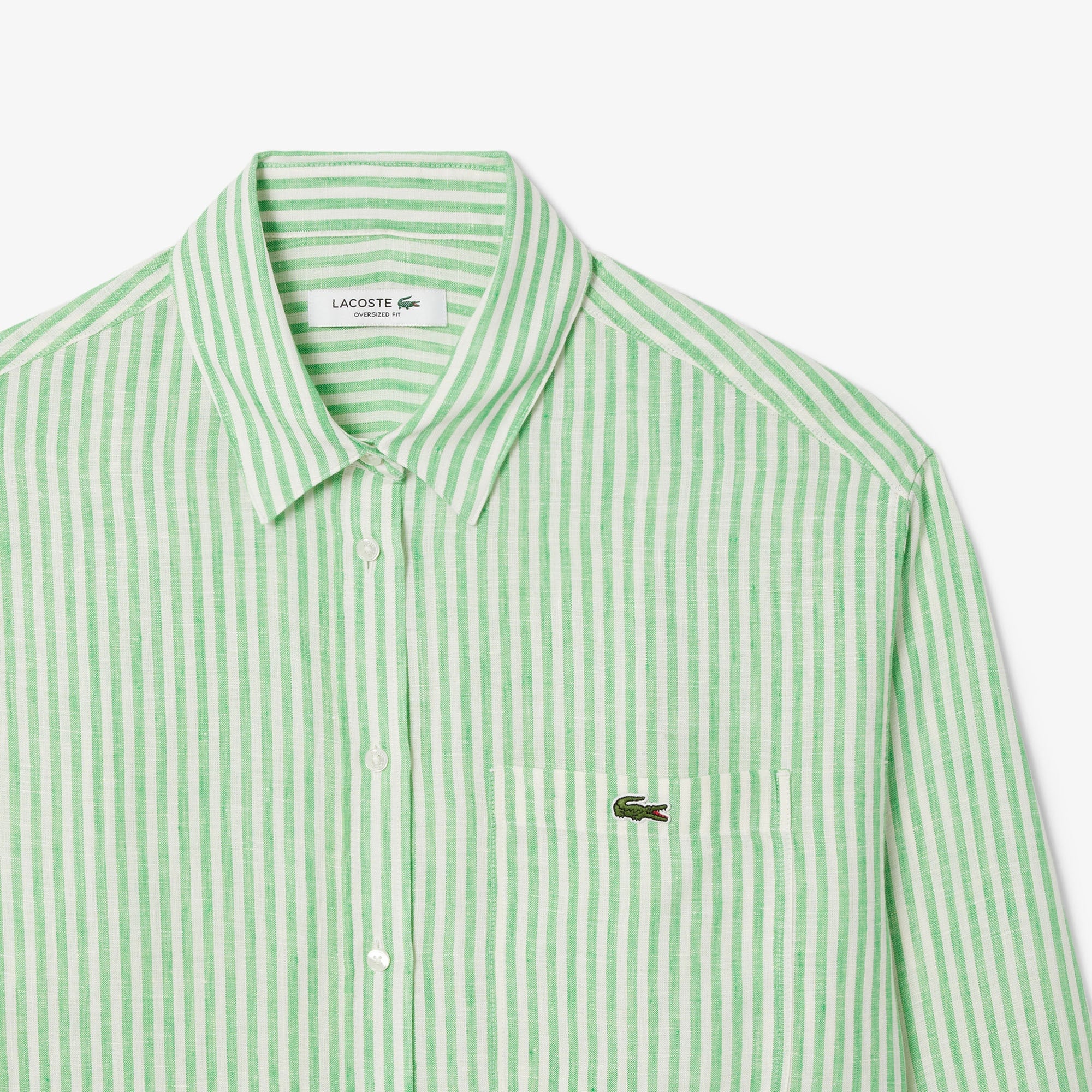 Lacoste Kadın Oversize Fit Çizgili Keten Yeşil Gömlek