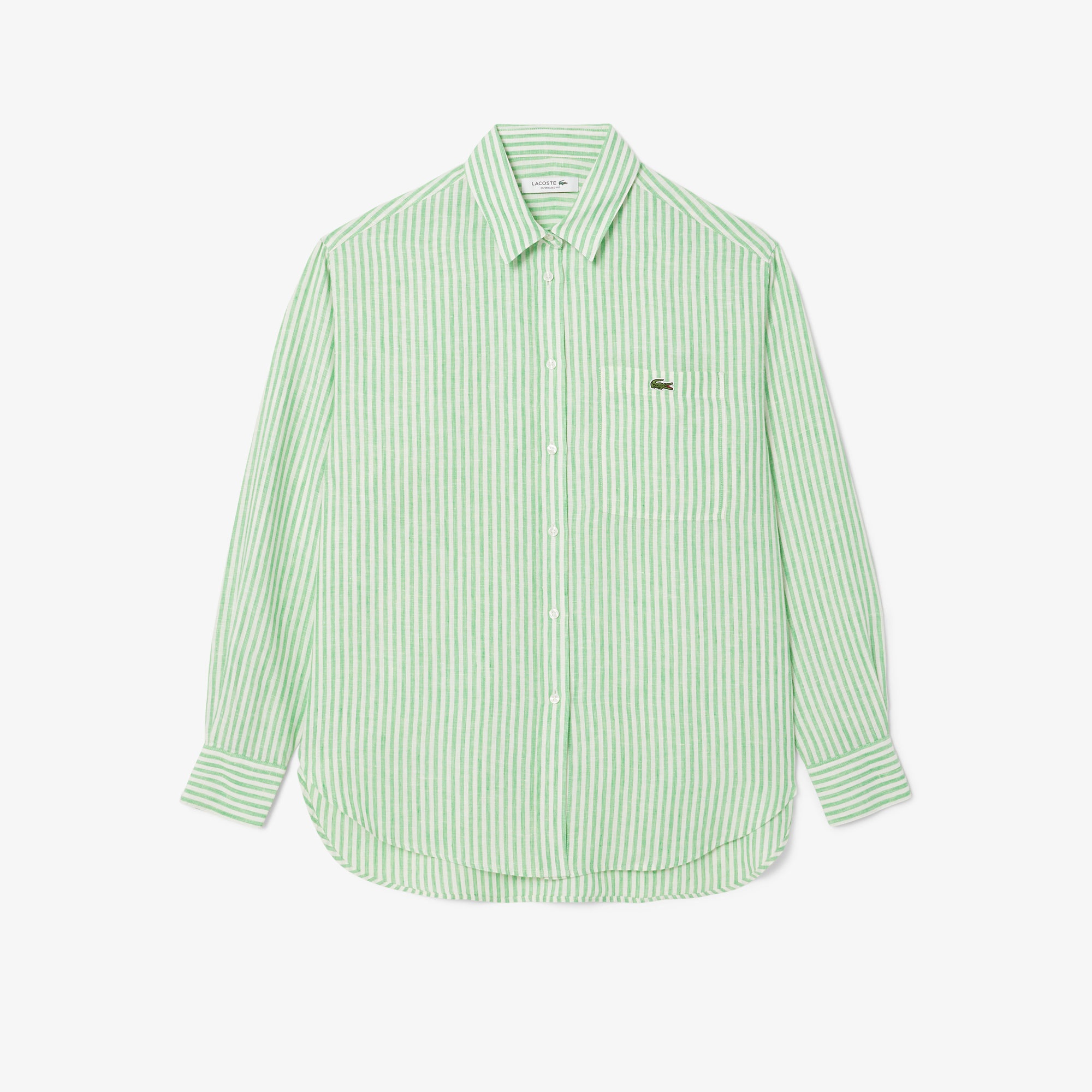 Lacoste Kadın Oversize Fit Çizgili Keten Yeşil Gömlek