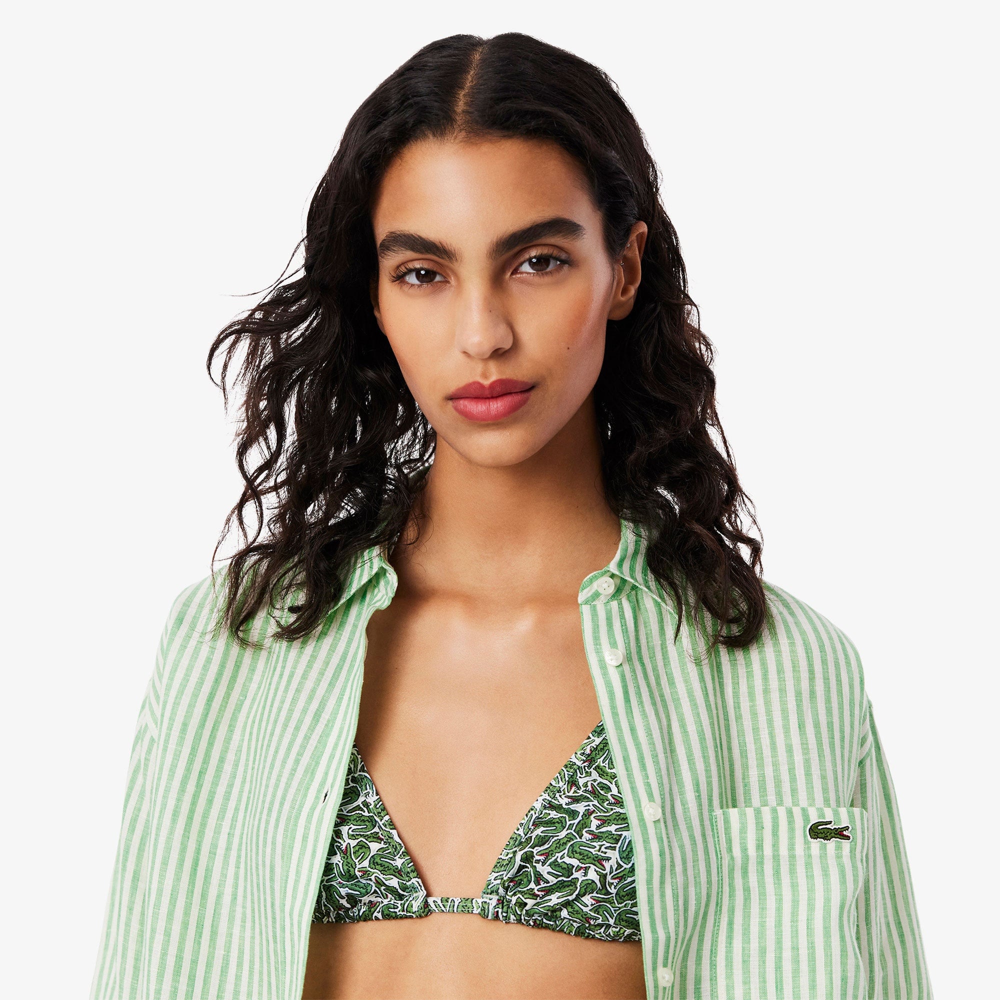 Lacoste Kadın Oversize Fit Çizgili Keten Yeşil Gömlek