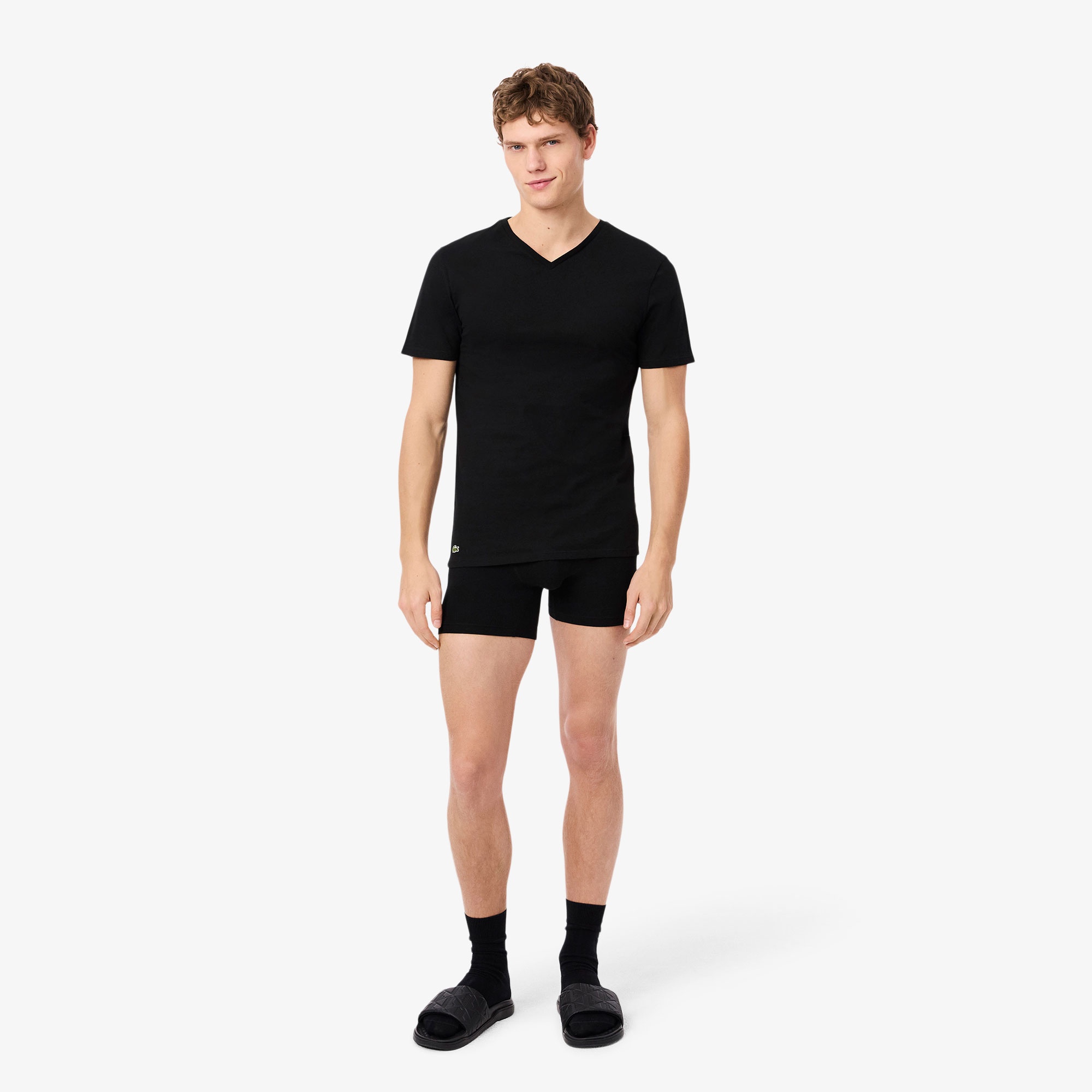 Lacoste Erkek Slim Fit Kısa Kollu V Yaka 3'lü Siyah Pijama Üstü