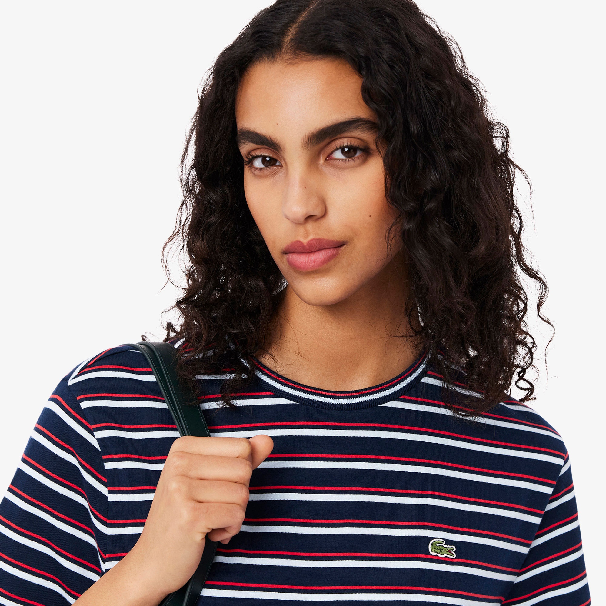 Lacoste Kadın Regular Fit Bisiklet Yaka Çizgili Lacivert T-Shirt