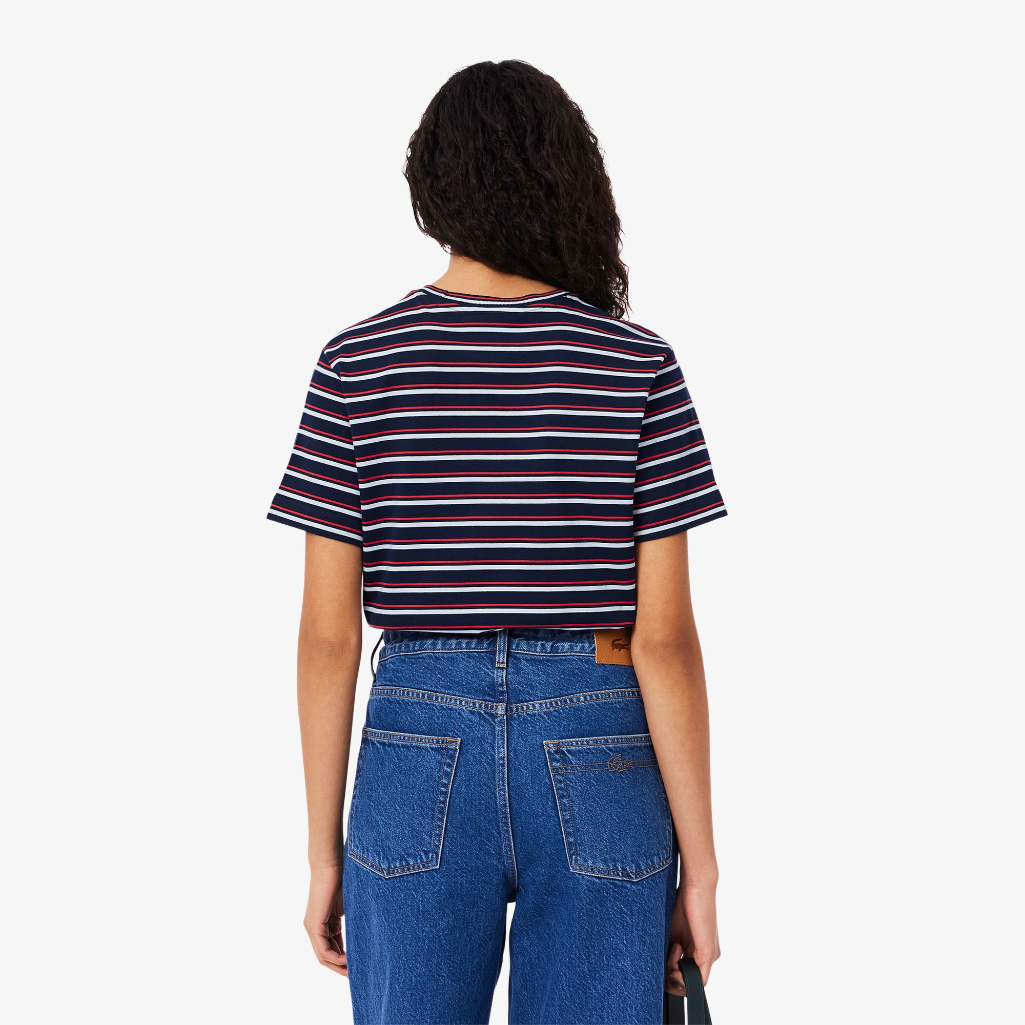 Lacoste Kadın Regular Fit Bisiklet Yaka Çizgili Lacivert T-Shirt