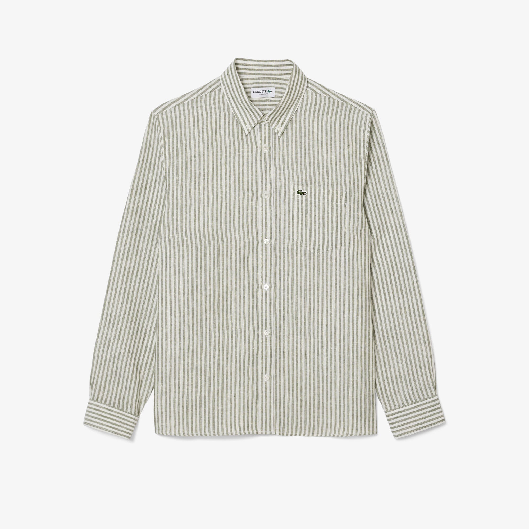 Lacoste Erkek Regular Fit Düğmeli Yaka Çizgili Keten Haki Gömlek