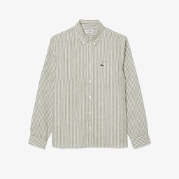 Lacoste Erkek Regular Fit Düğmeli Yaka Çizgili Keten Haki Gömlek Yeşil