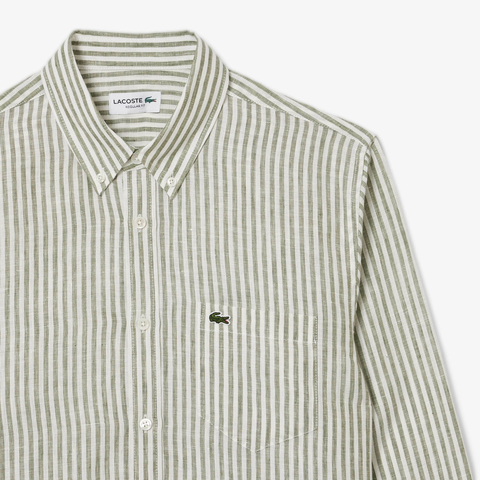 Lacoste Erkek Regular Fit Düğmeli Yaka Çizgili Keten Haki Gömlek