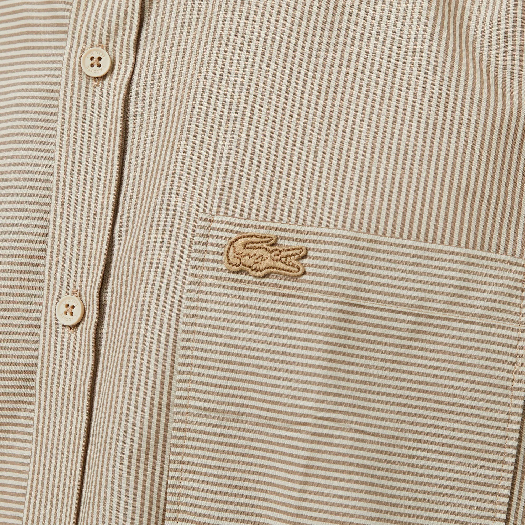 Lacoste Erkek Relaxed Fit Düğmeli Yaka Çizgili Bej Gömlek