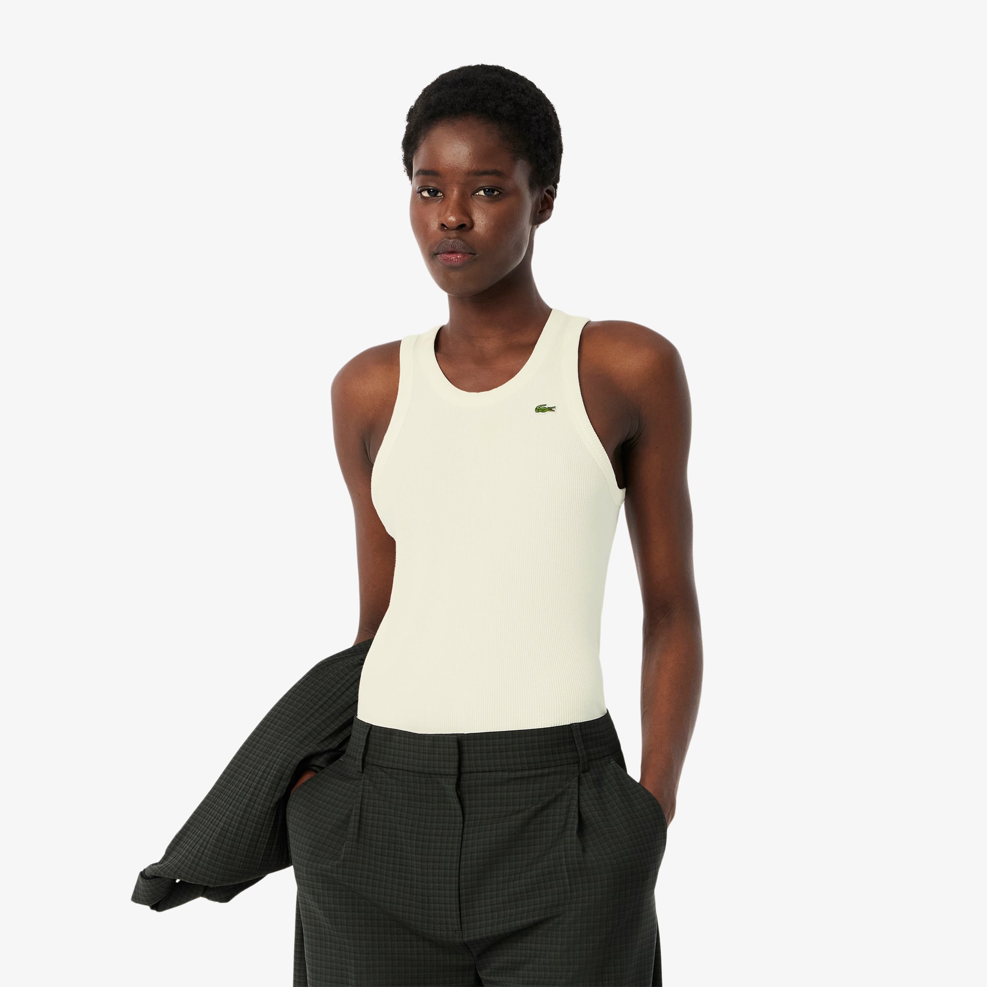 Lacoste Kadın Slim Fit Kolsuz Krem T-Shirt