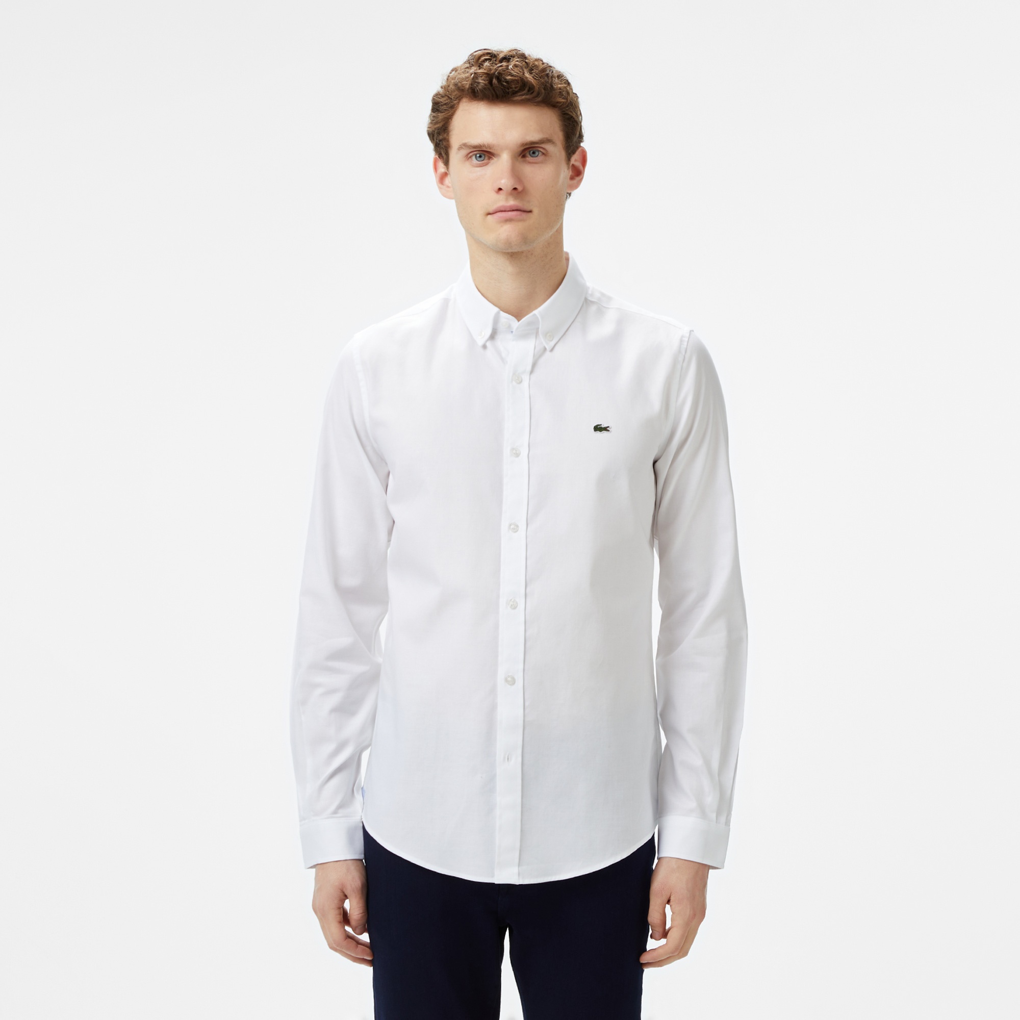 Erkek Slim Fit Düğmeli Yaka Beyaz Gömlek