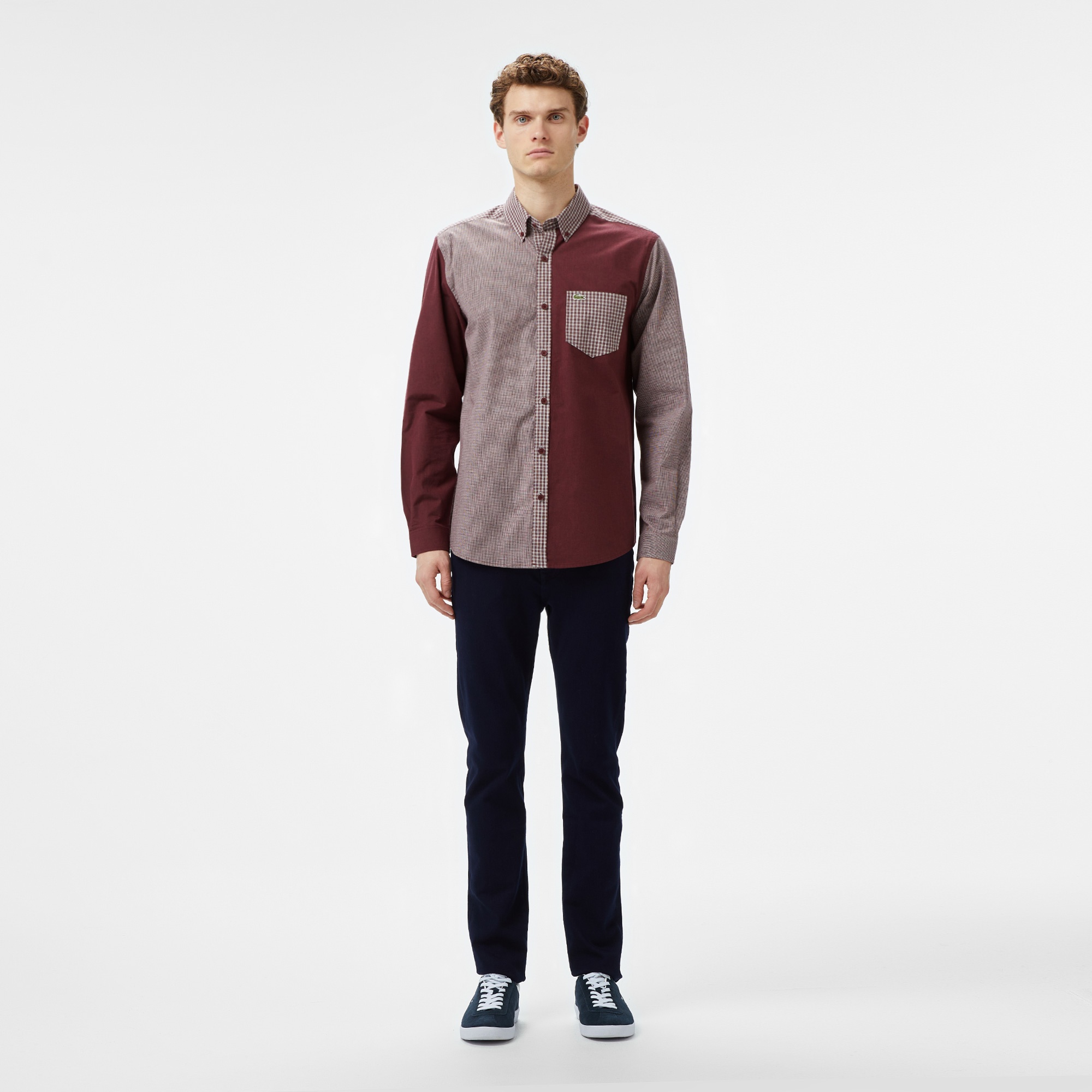 Lacoste Erkek Relaxed Fit Düğmeli Yaka Ekose Bordo Gömlek