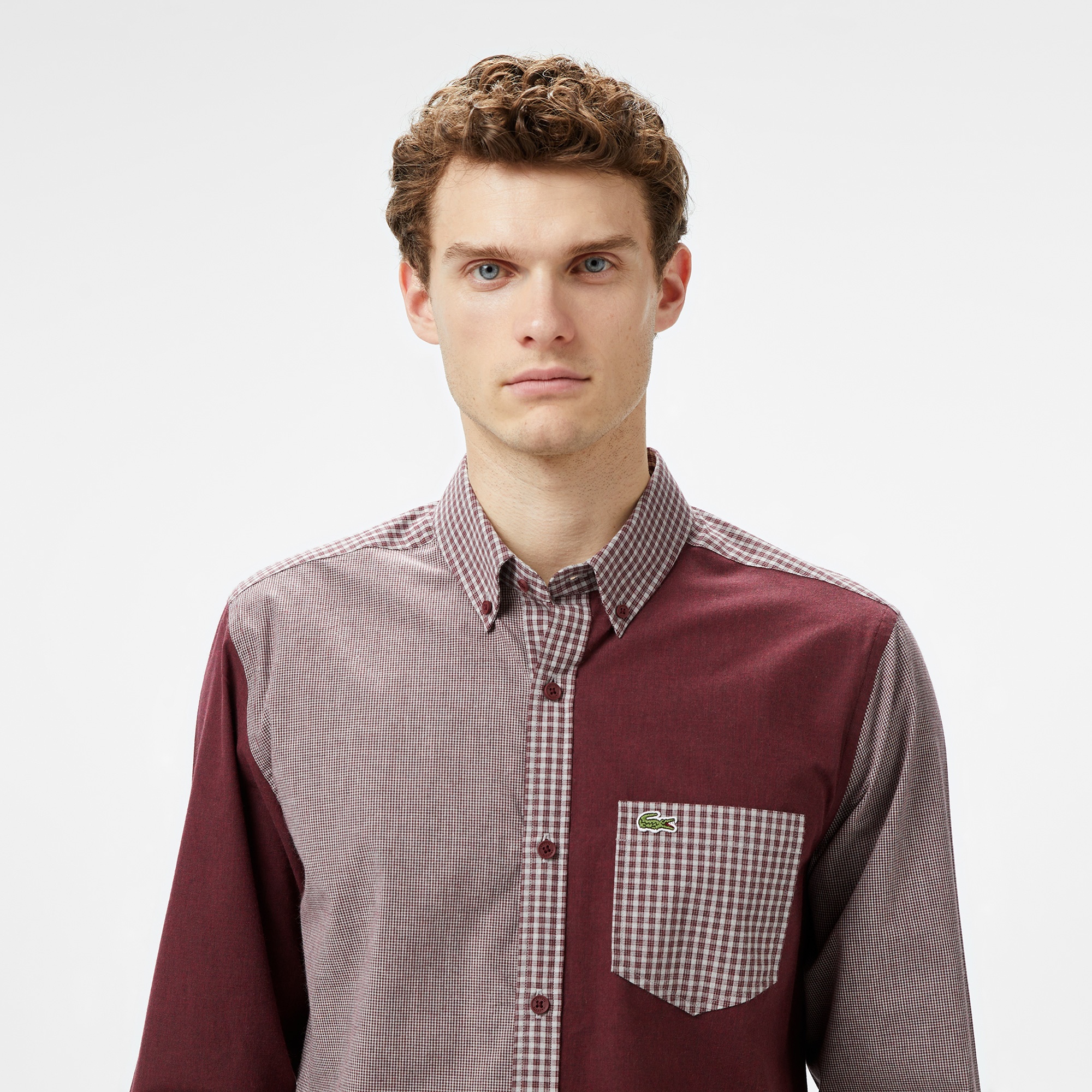 Lacoste Erkek Relaxed Fit Düğmeli Yaka Ekose Bordo Gömlek