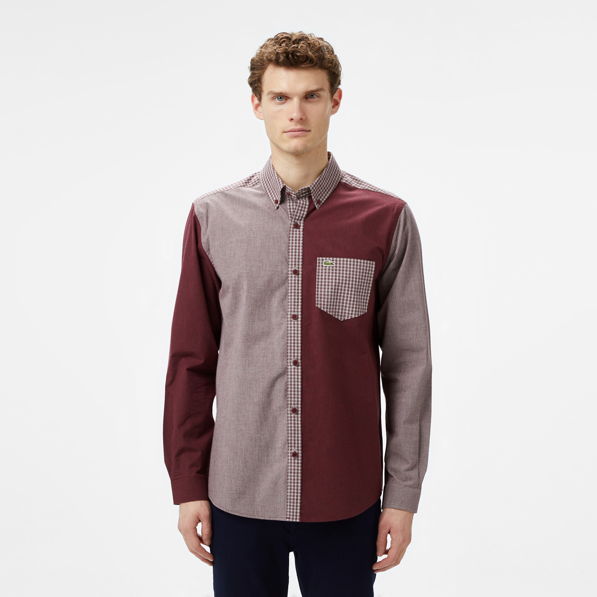 Lacoste Erkek Relaxed Fit Düğmeli Yaka Ekose Bordo Gömlek