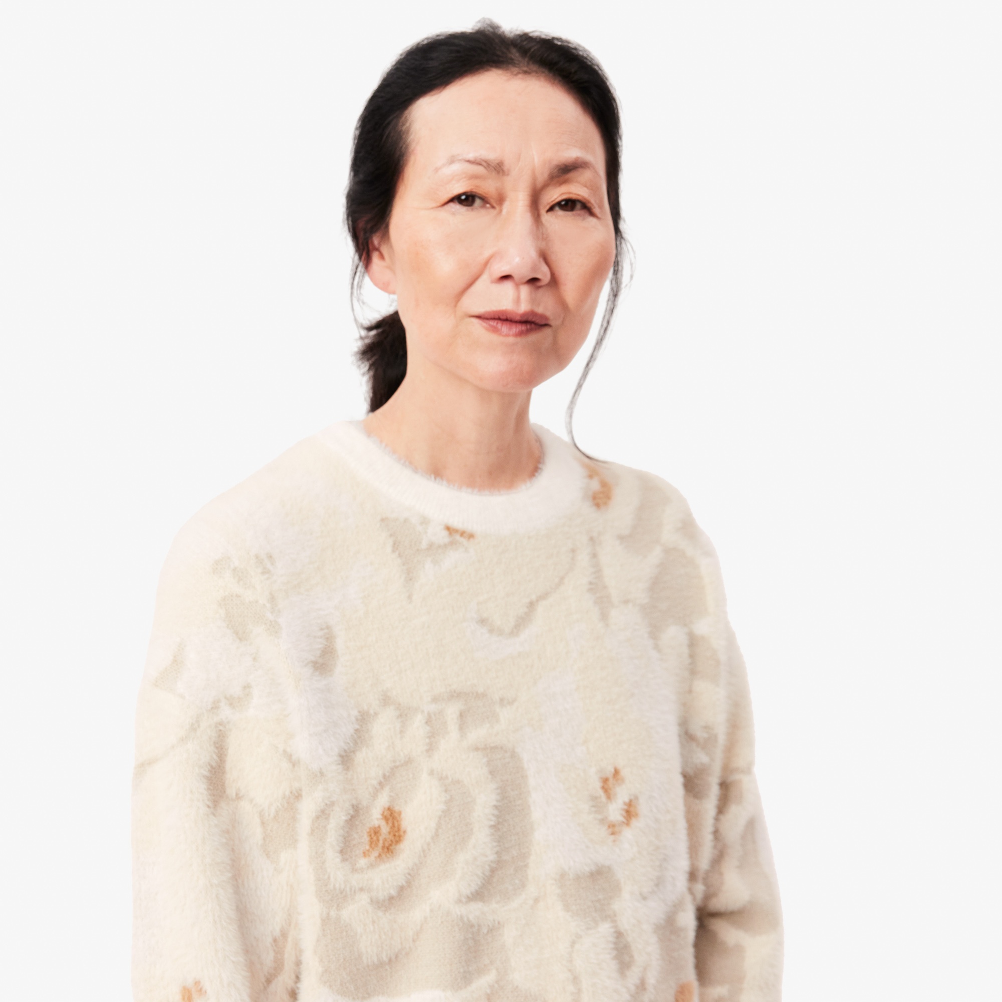 Lacoste Kadın Relaxed Fit Bisiklet Yaka Desenli Krem Kazak