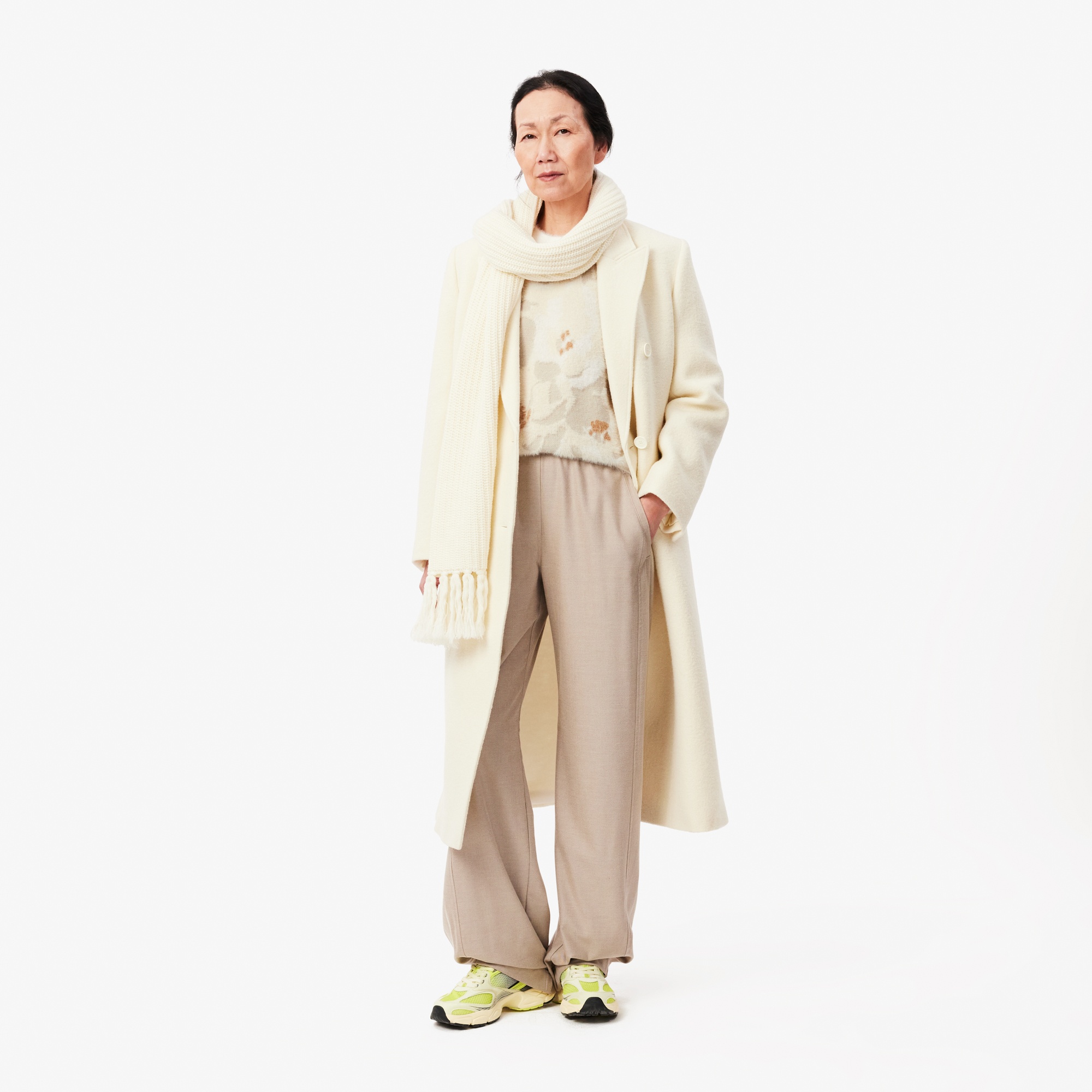 Lacoste Kadın Relaxed Fit Bisiklet Yaka Desenli Krem Kazak