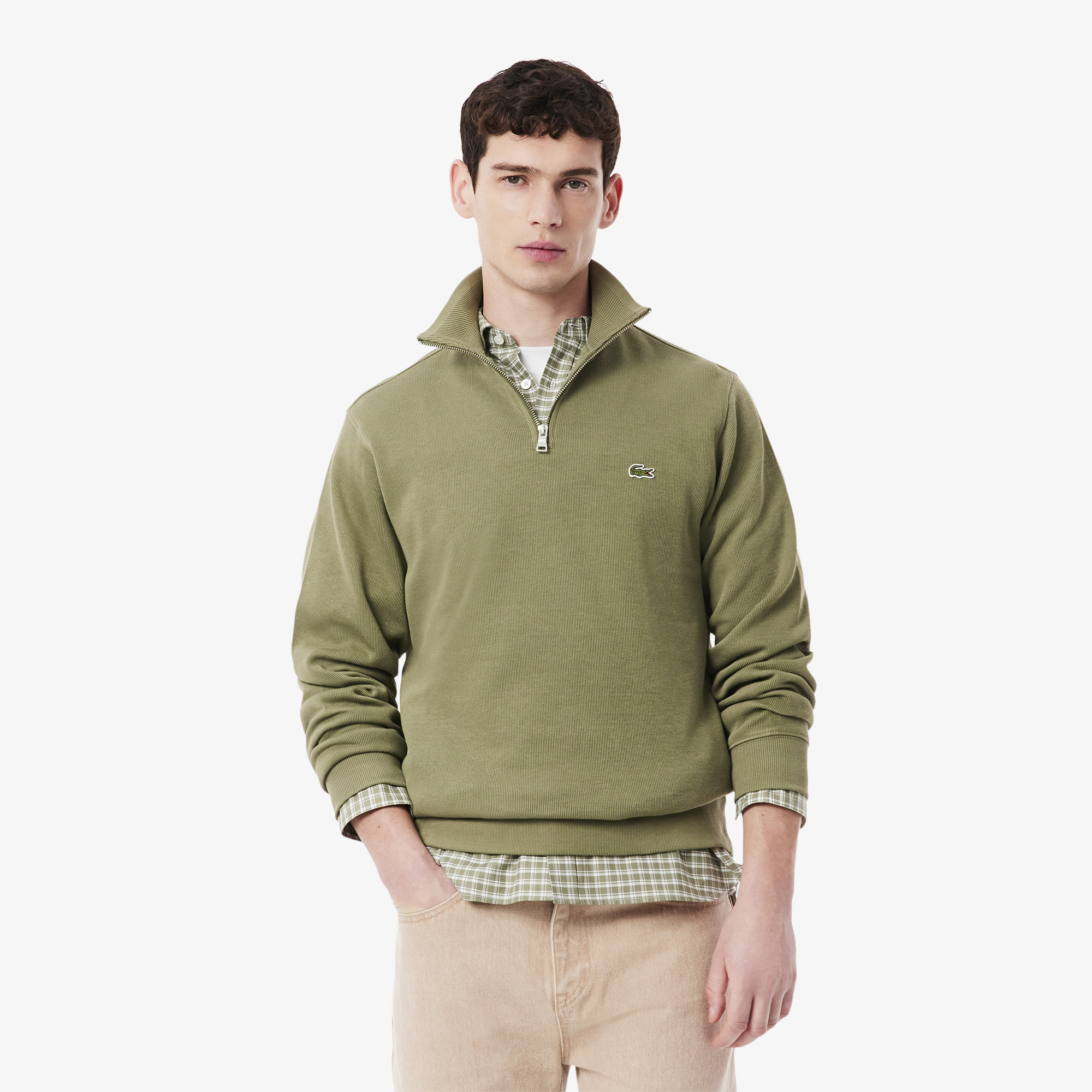 Erkek Classic Fit Yarım Fermuarlı Haki Sweatshirt SH1927-BMY | Lacoste