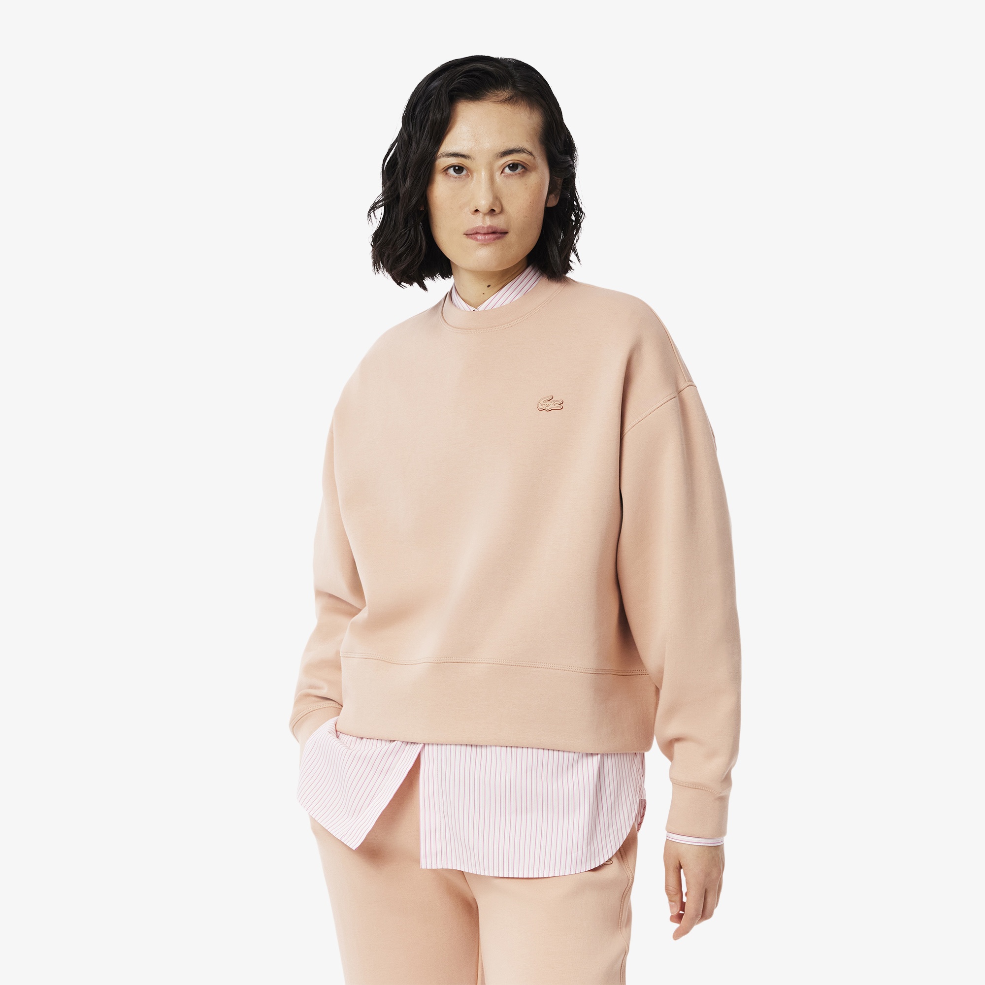 Lacoste Kadın Oversize Fit Bisiklet Yaka Açık Kahverengi Sweatshirt