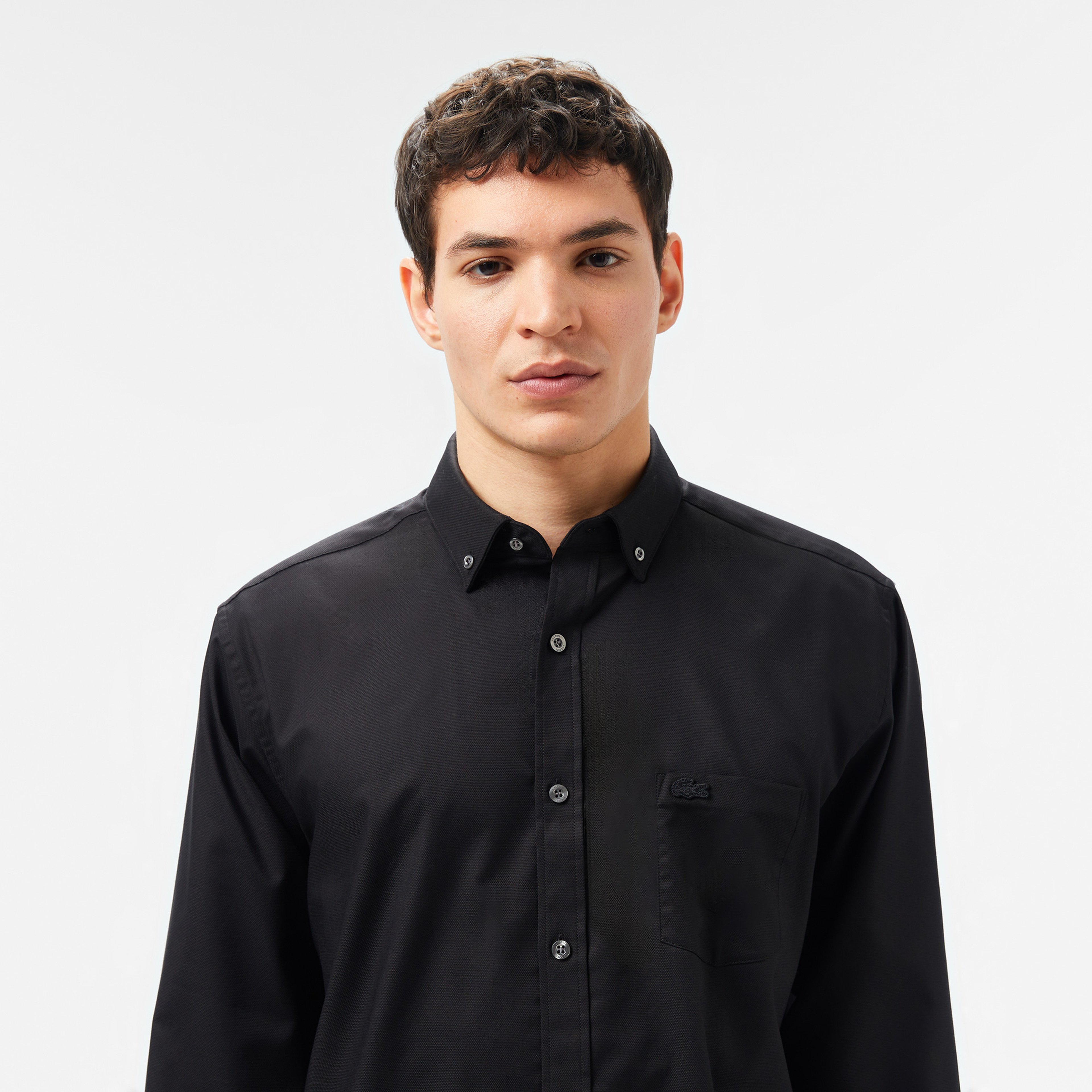 Erkek Regular Fit Düğmeli Yaka Siyah Gömlek