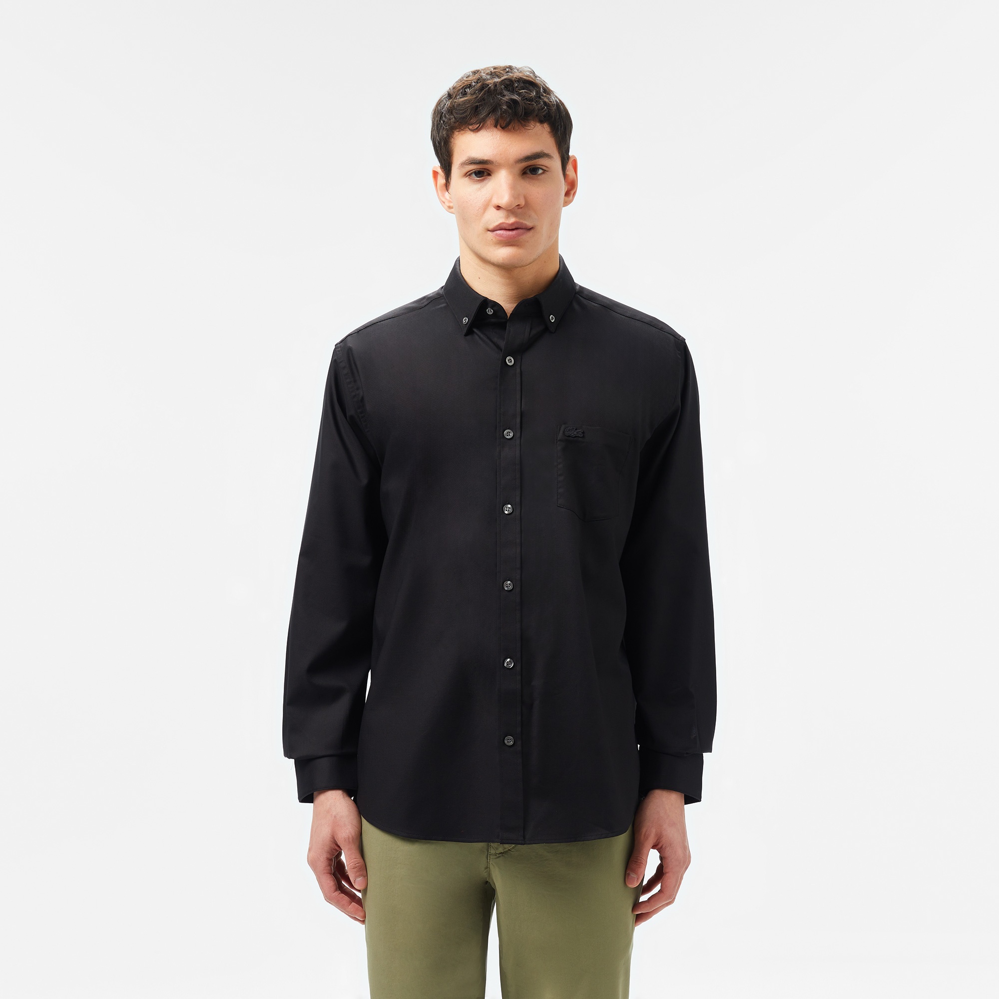 Erkek Regular Fit Düğmeli Yaka Siyah Gömlek