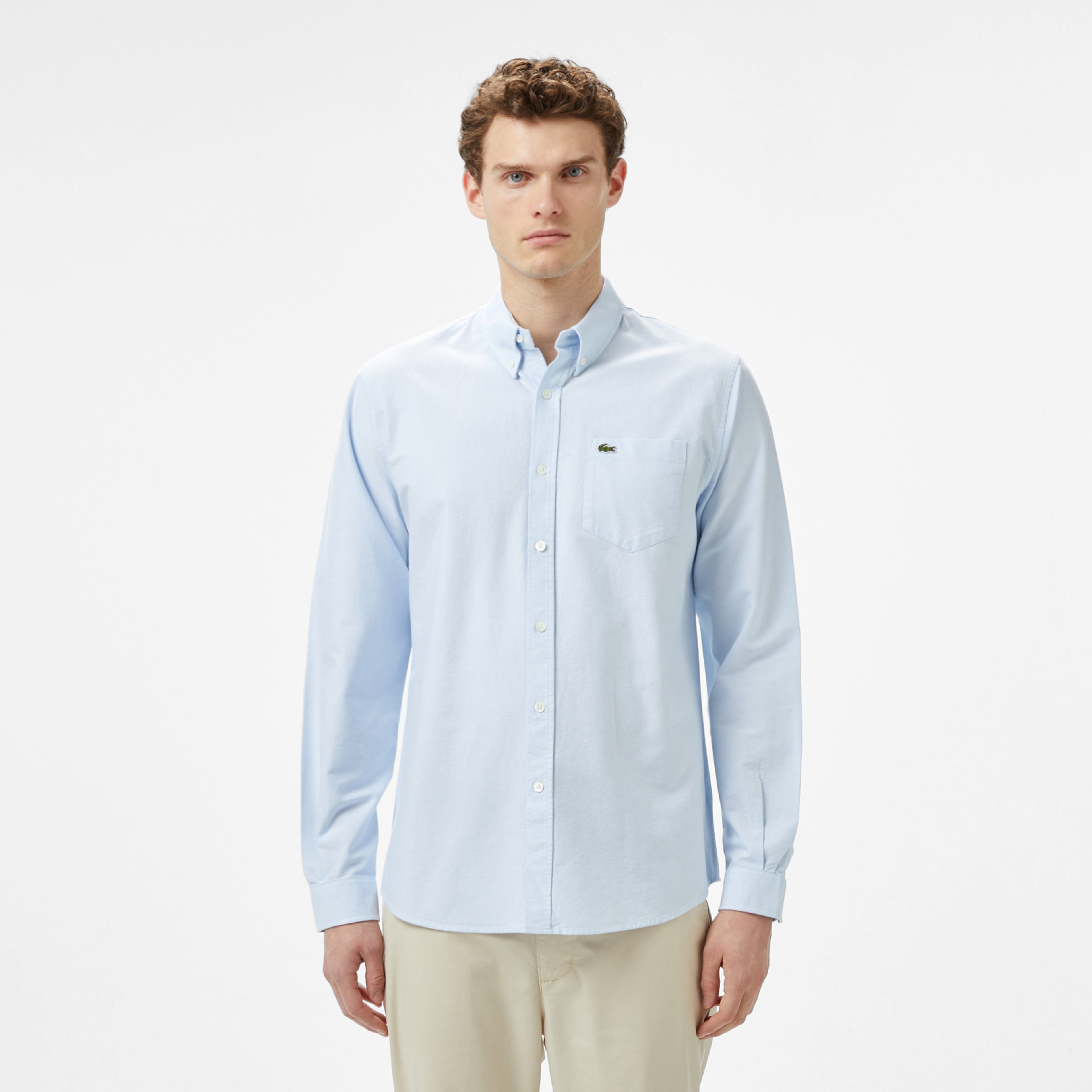 Erkek Regular Fit Düğmeli Yaka Organik Pamuk Mavi Gömlek