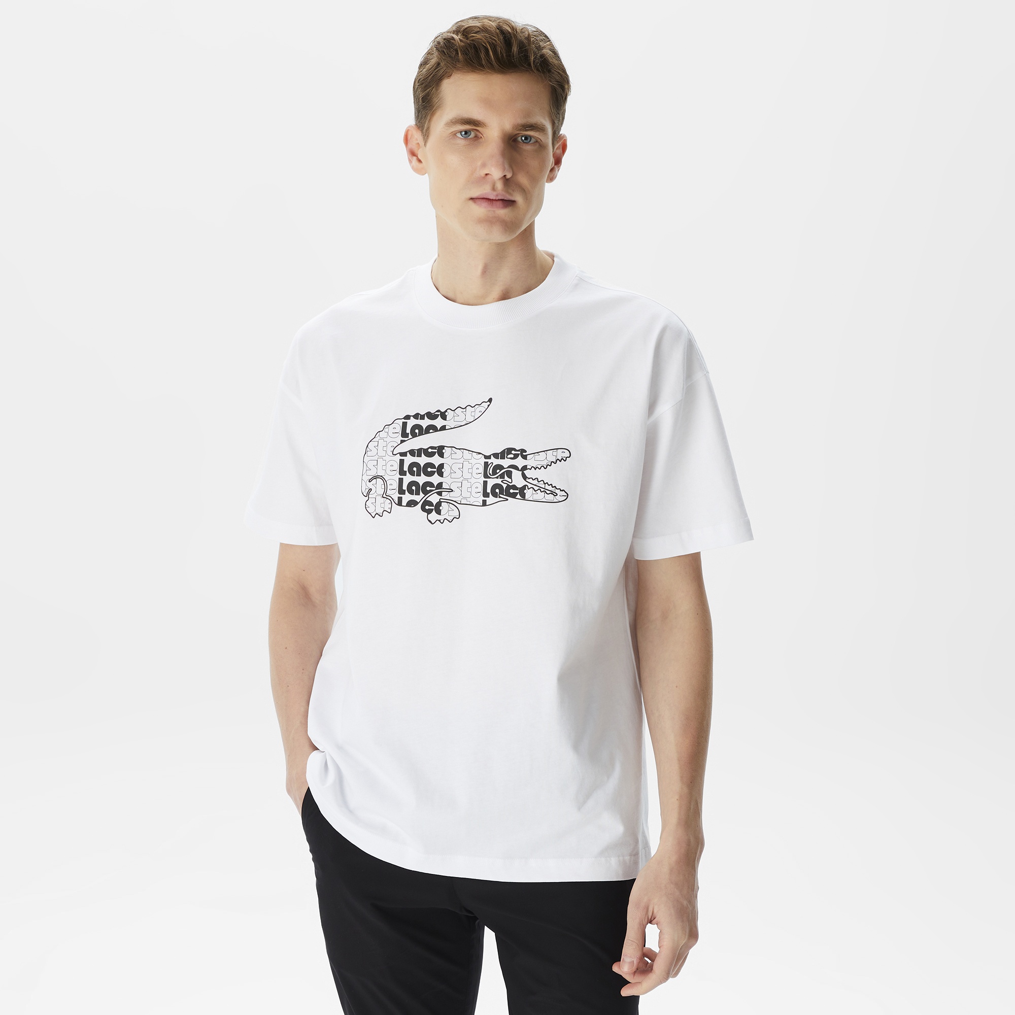 Lacoste Erkek Relaxed Fit Bisiklet Yaka Baskılı Beyaz T-Shirt