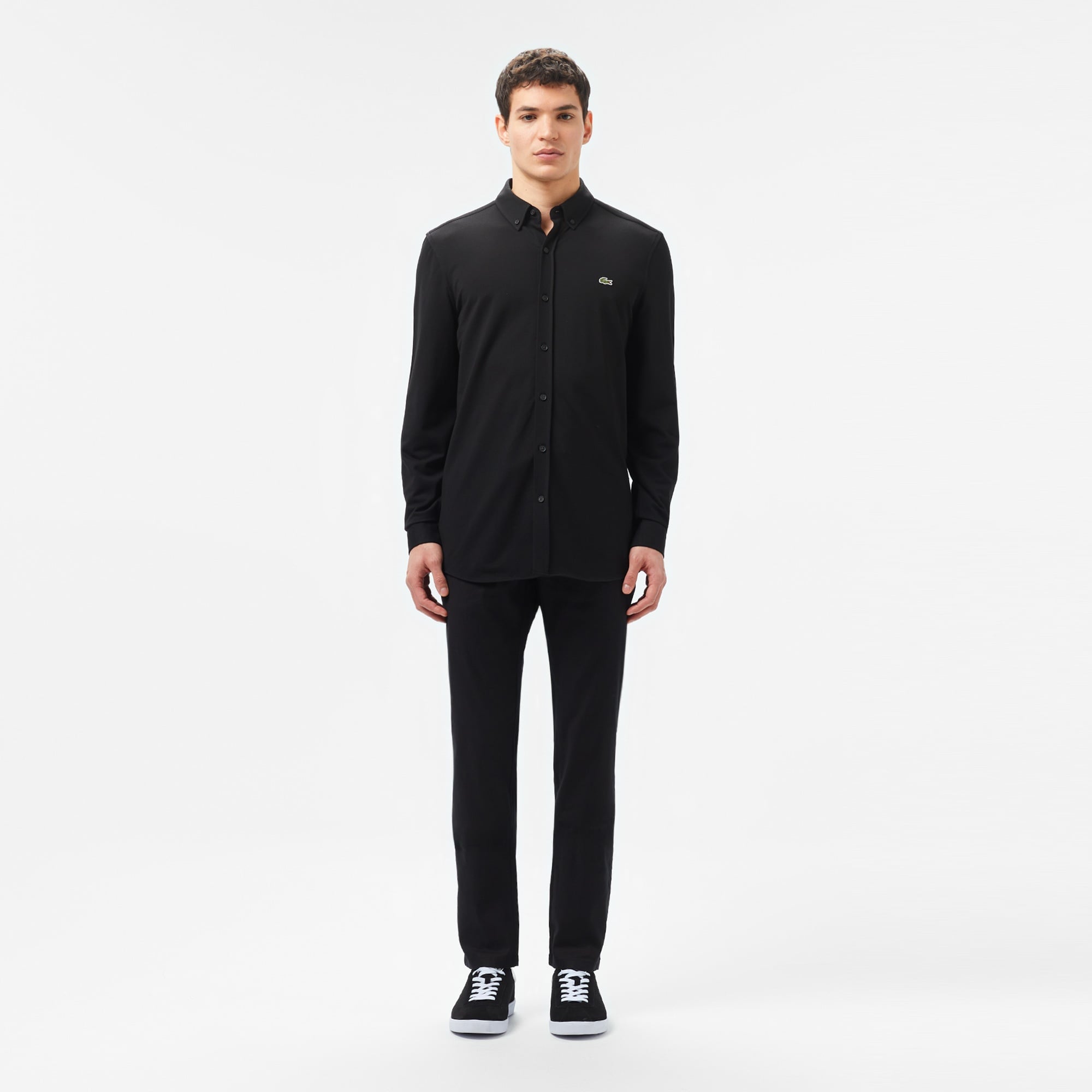 Erkek Slim Fit Düğmeli Yaka Siyah Gömlek