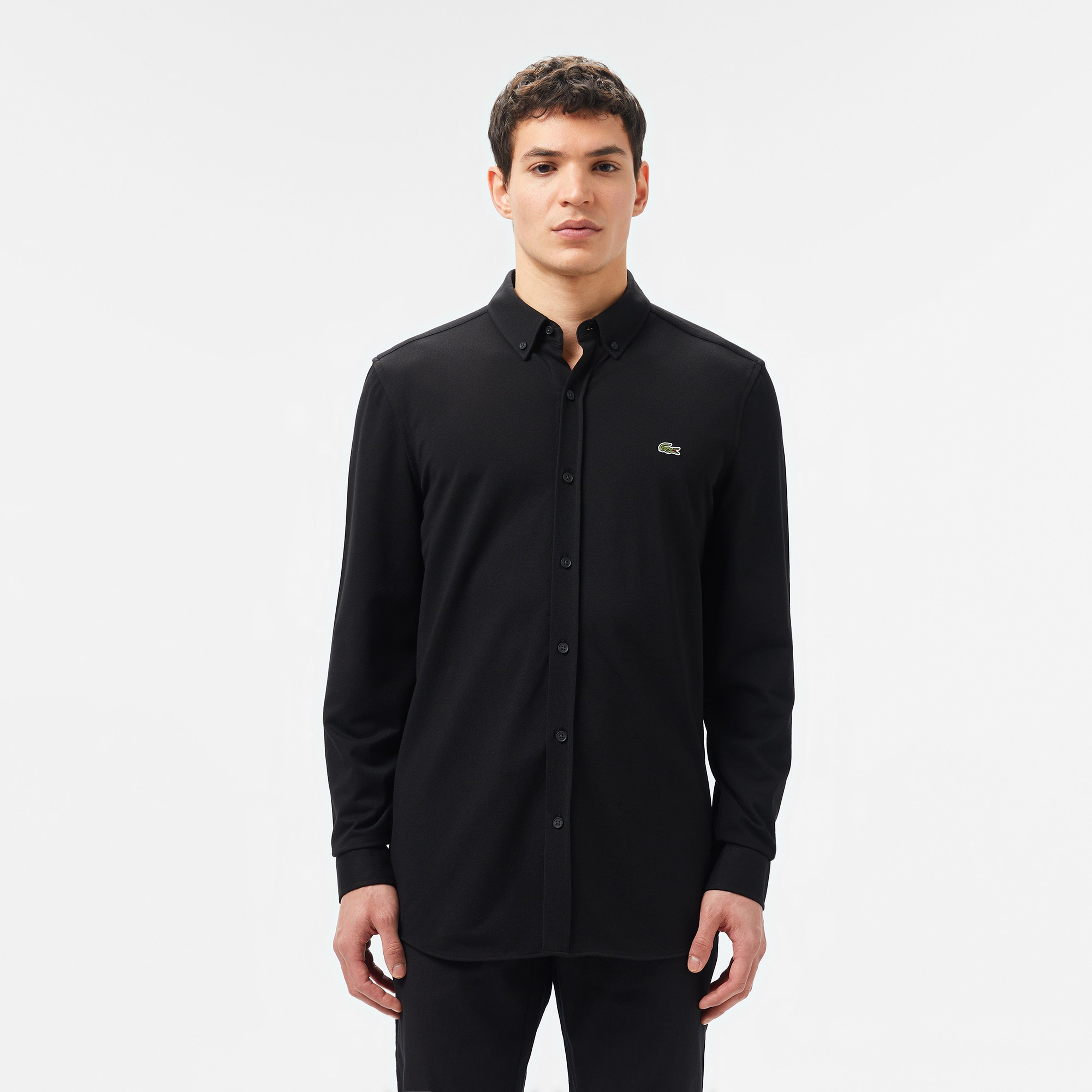 Erkek Slim Fit Düğmeli Yaka Siyah Gömlek