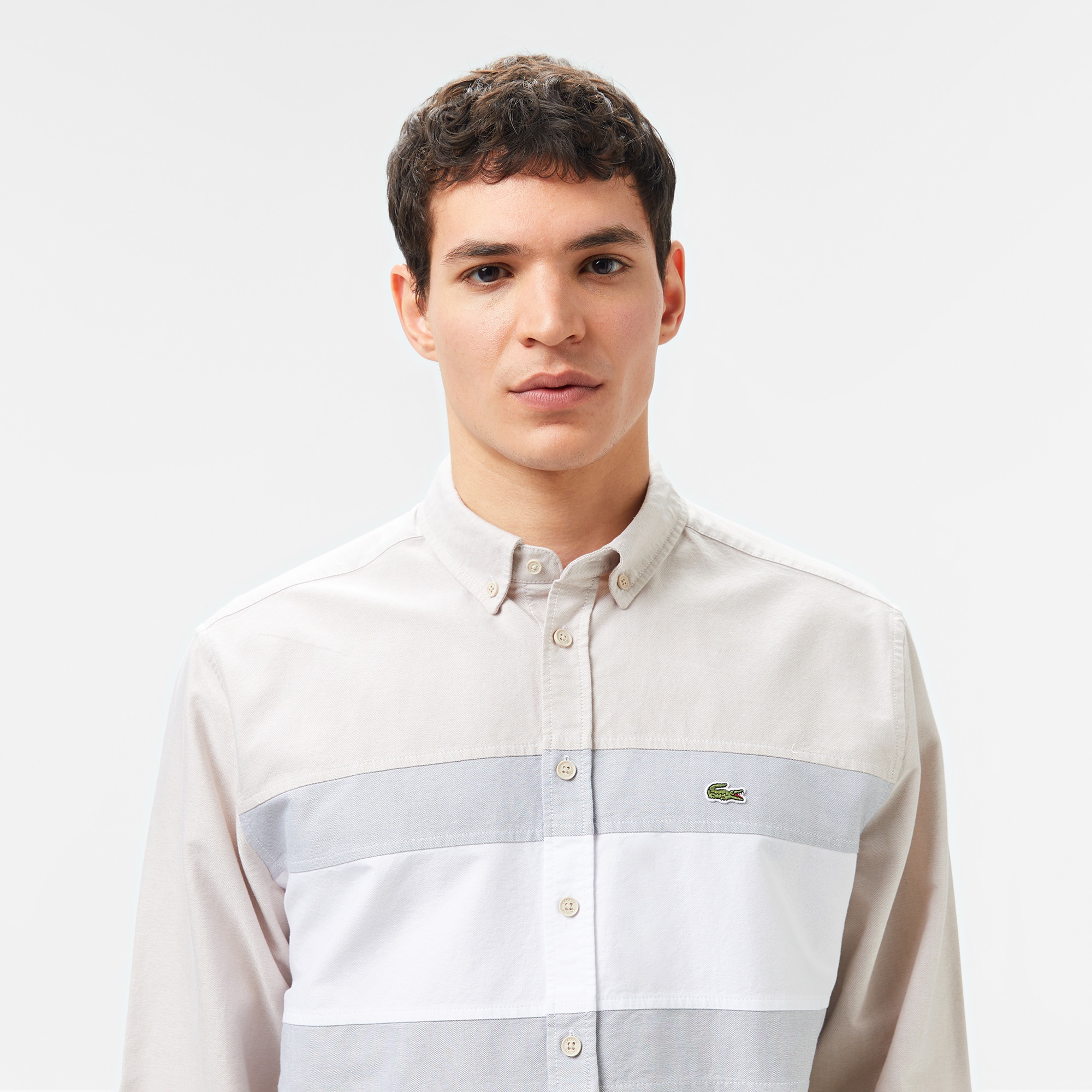 Lacoste Erkek Regular Fit Düğmeli Yaka Çizgili Gri Gömlek