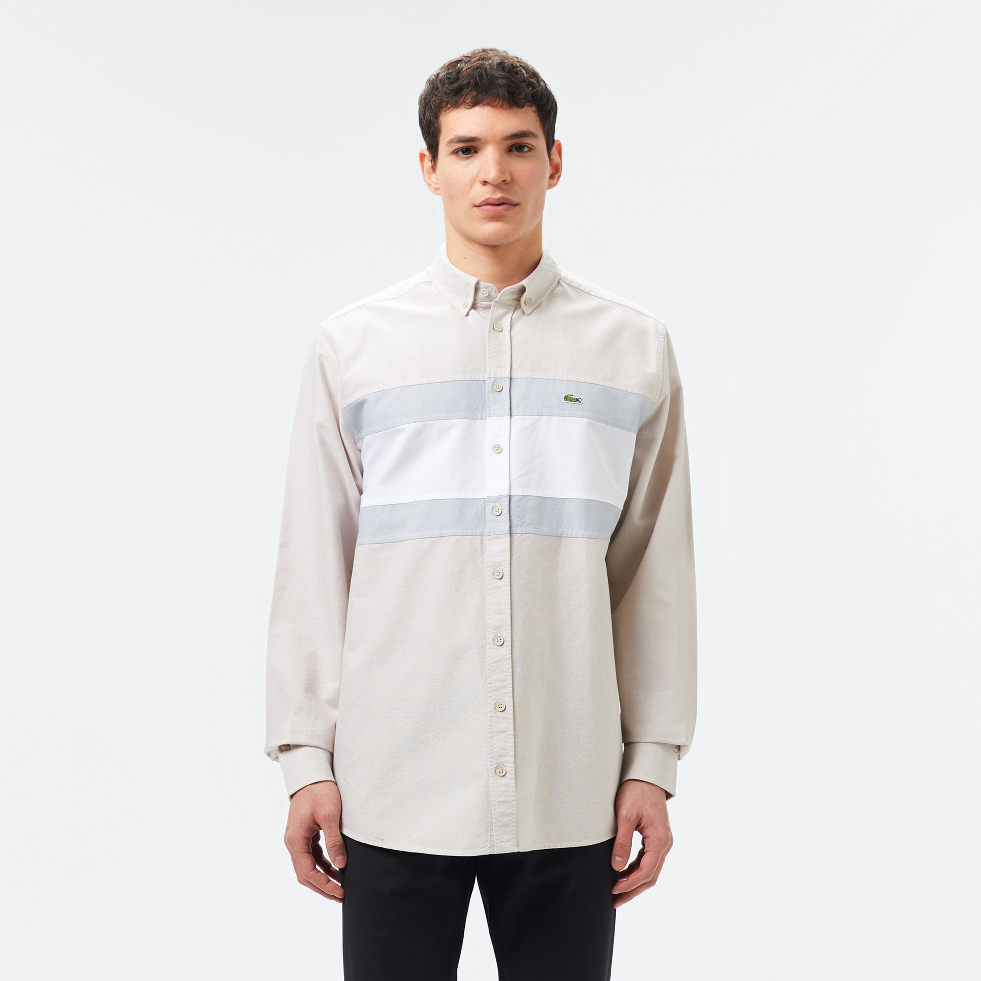 Lacoste Erkek Regular Fit Düğmeli Yaka Çizgili Gri Gömlek