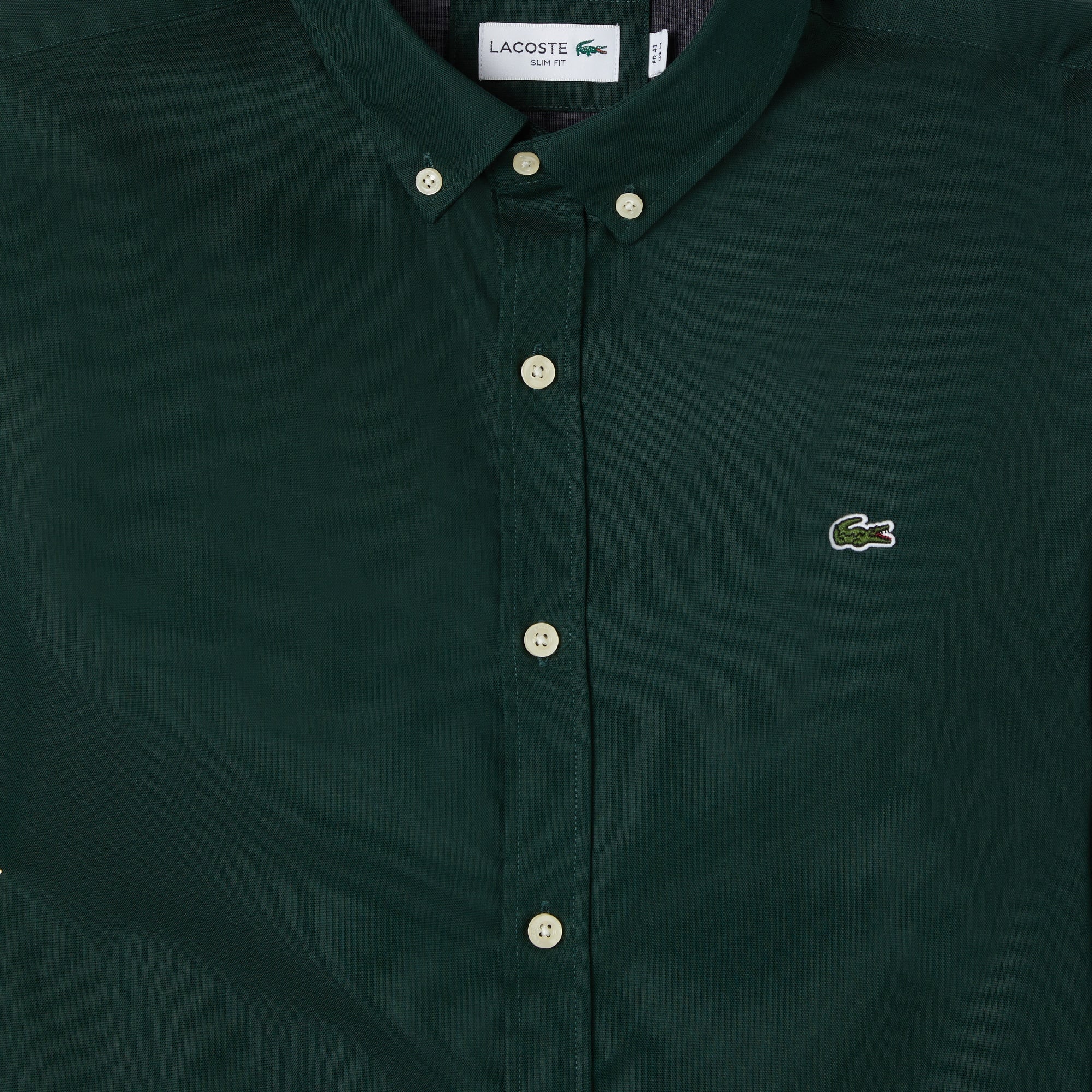 Erkek Slim Fit Düğmeli Yaka Koyu Yeşil Gömlek