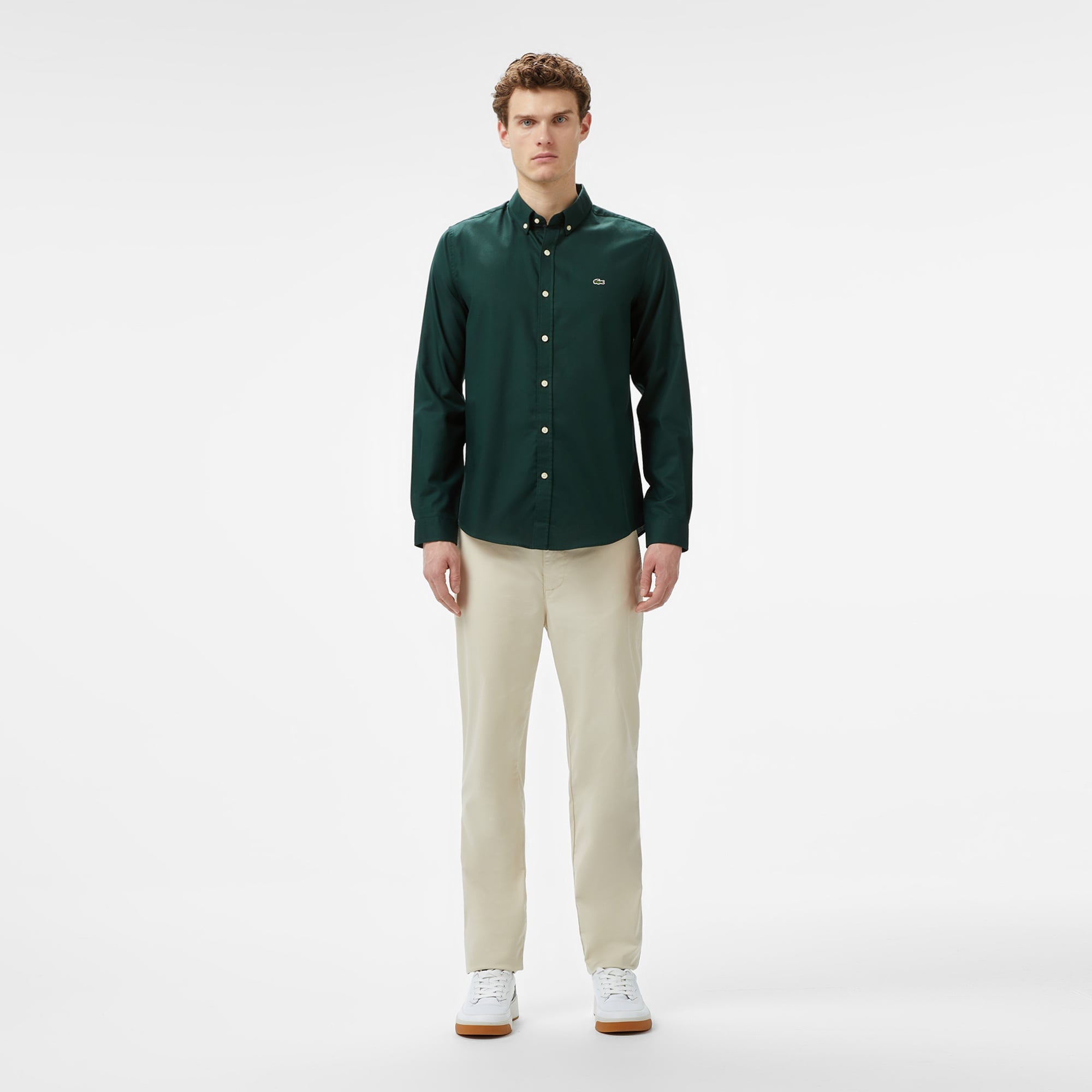 Erkek Slim Fit Düğmeli Yaka Koyu Yeşil Gömlek