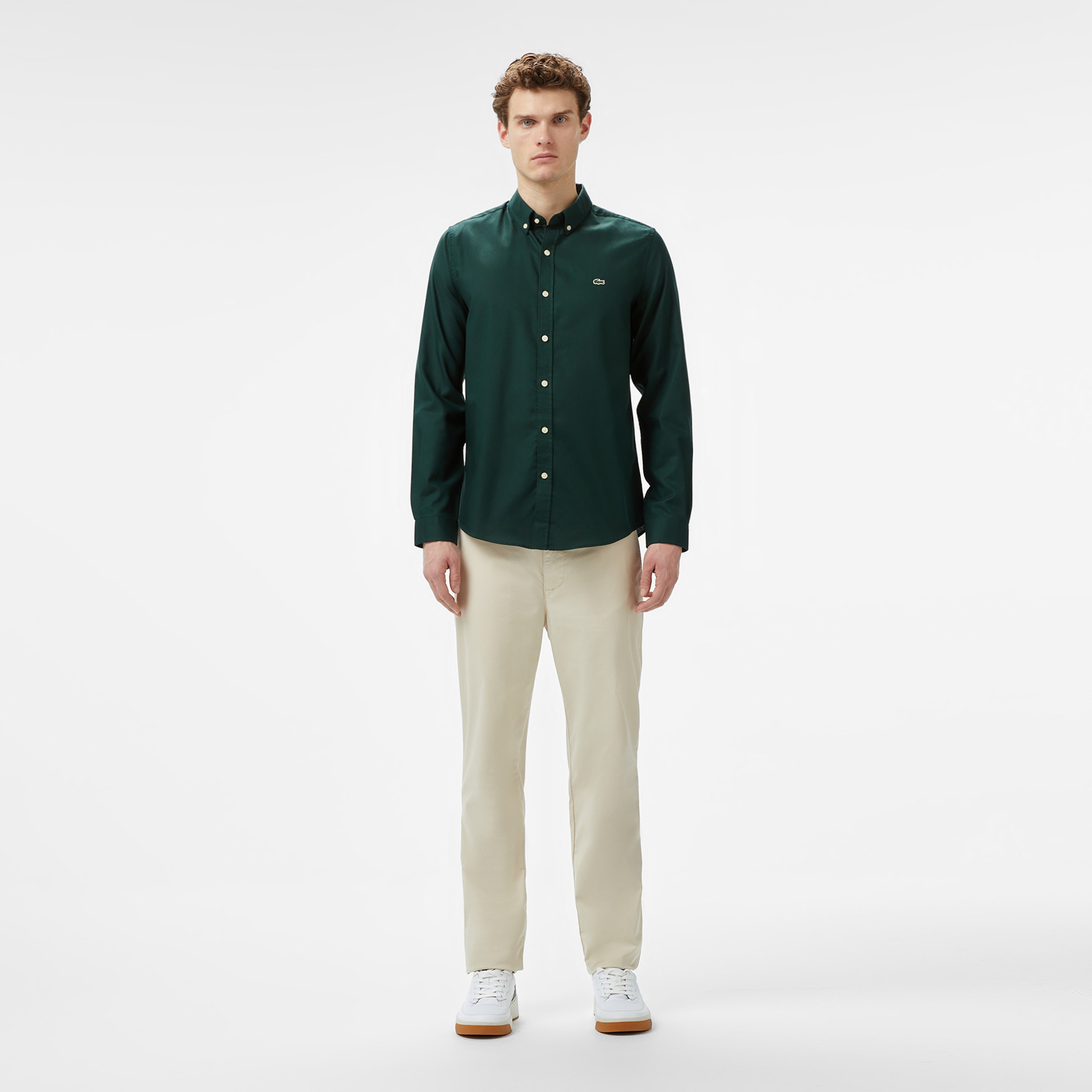 Erkek Slim Fit Düğmeli Yaka Koyu Yeşil Gömlek