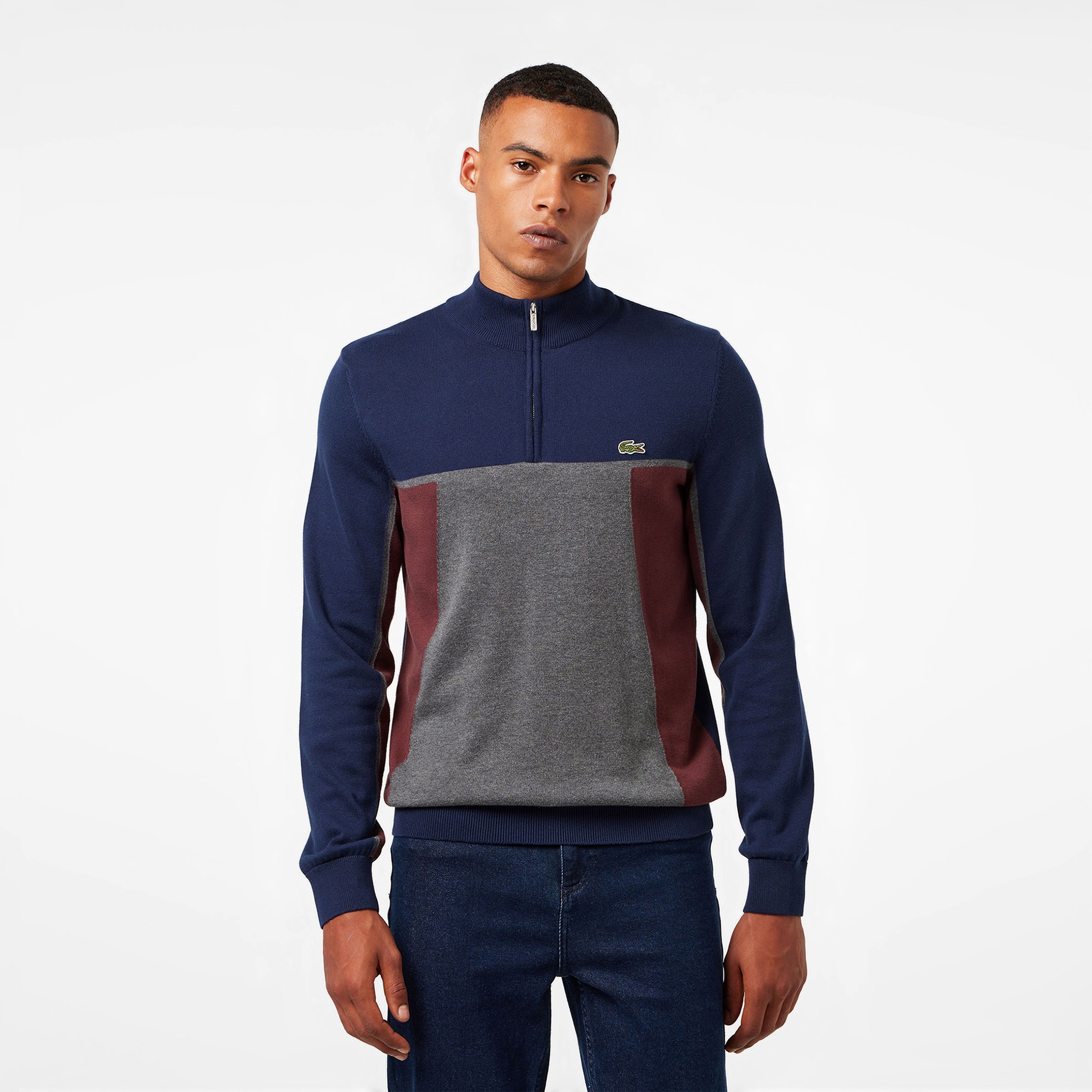 Lacoste Erkek Relaxed Fit Yarım Fermuarlı Renk Bloklu Lacivert Kazak