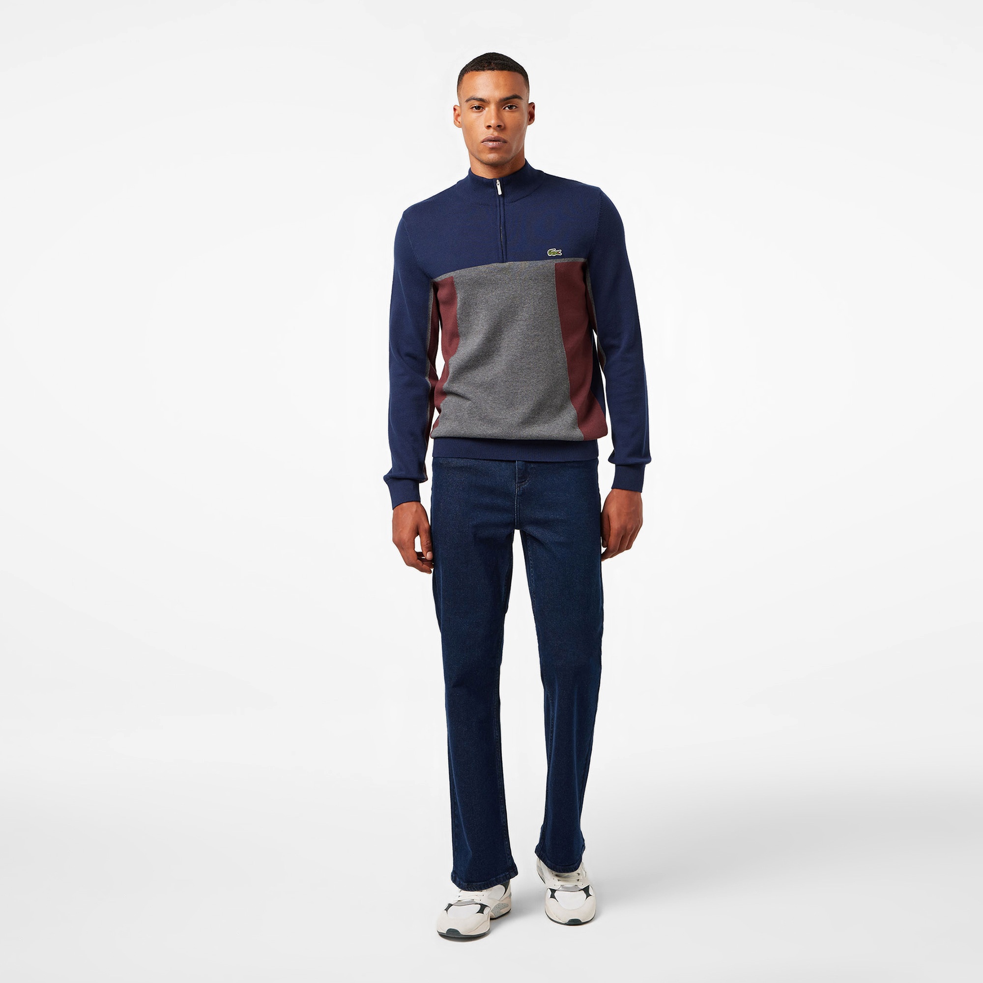 Lacoste Erkek Relaxed Fit Yarım Fermuarlı Renk Bloklu Lacivert Kazak