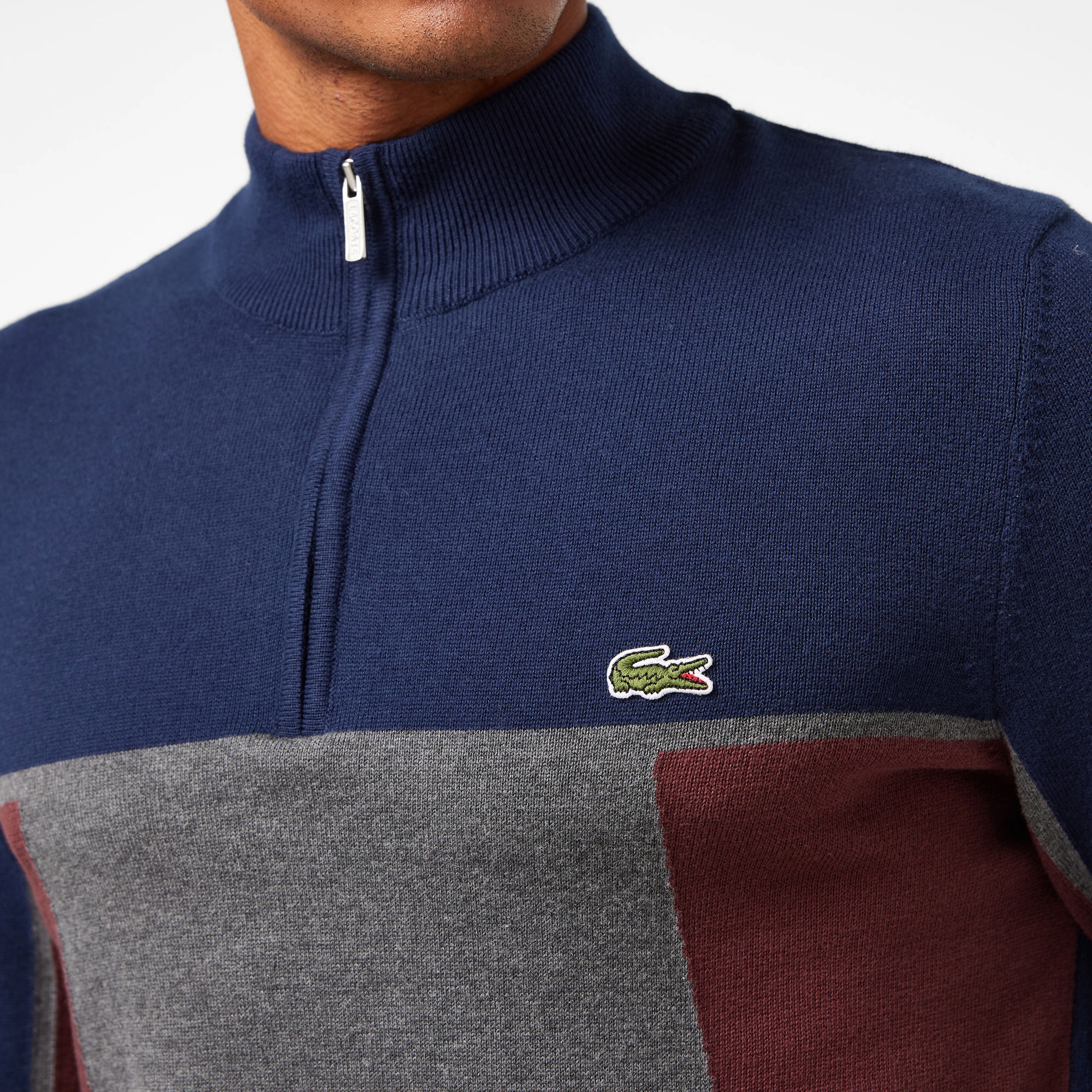 Lacoste Erkek Relaxed Fit Yarım Fermuarlı Renk Bloklu Lacivert Kazak