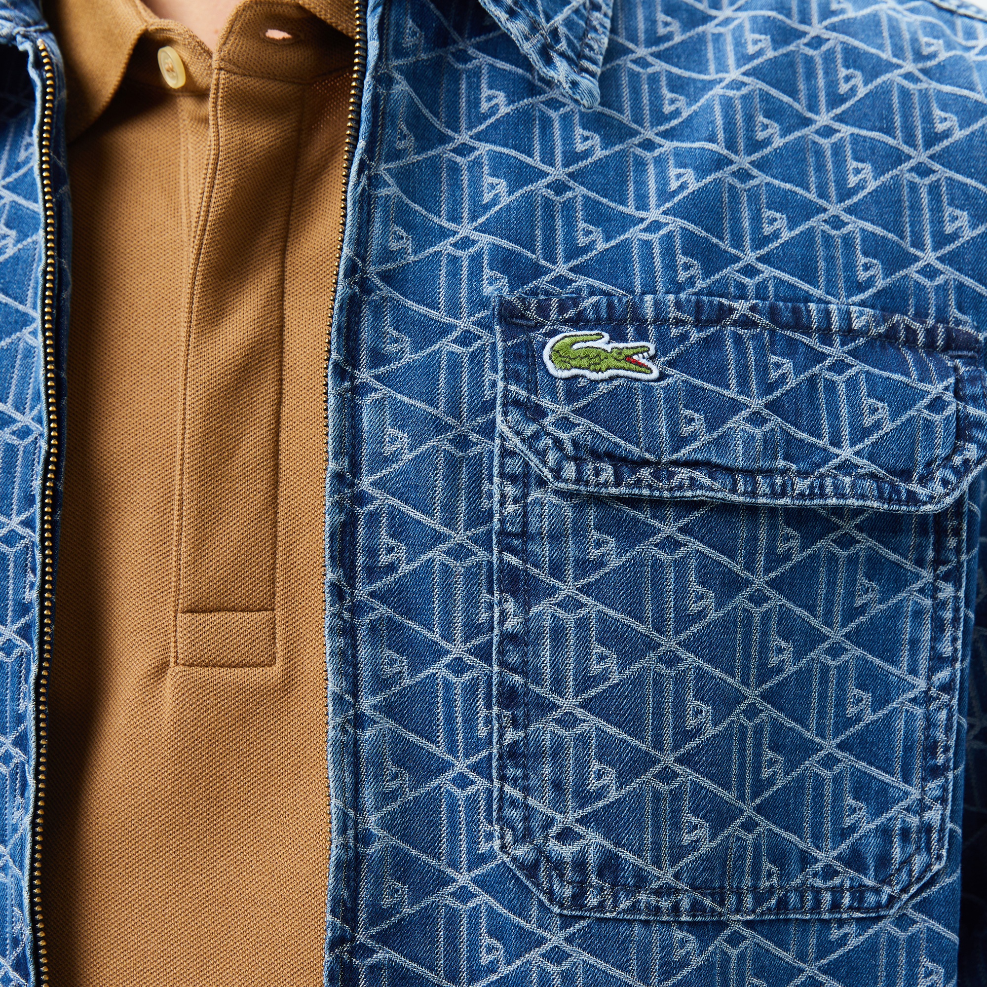 Lacoste Erkek Relaxed Fit Fermuarlı Monogram Mavi Gömlek Ceket