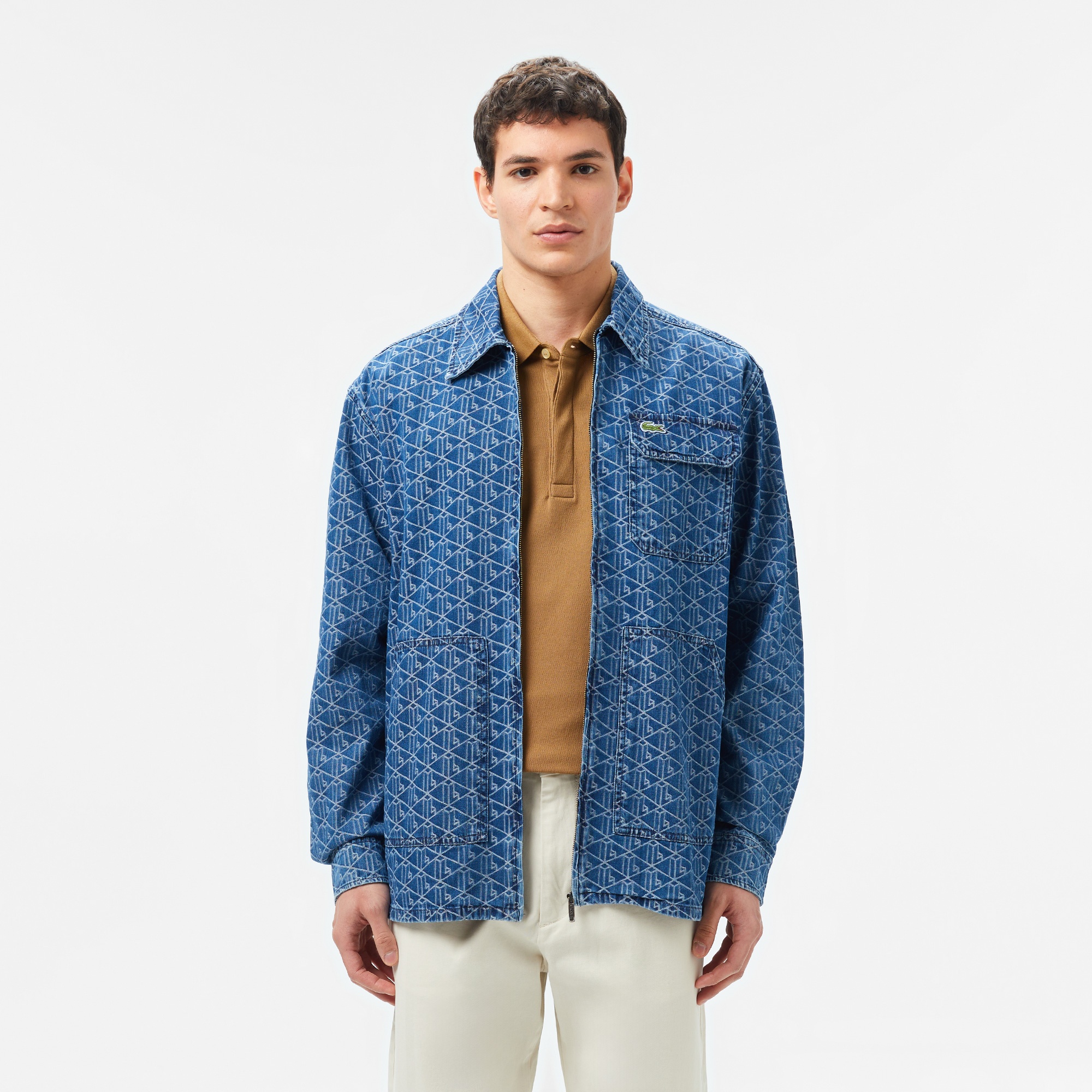 Lacoste Erkek Relaxed Fit Fermuarlı Monogram Mavi Gömlek Ceket