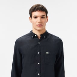 Erkek Regular Fit Düğmeli Yaka Keten Siyah Gömlek Siyah